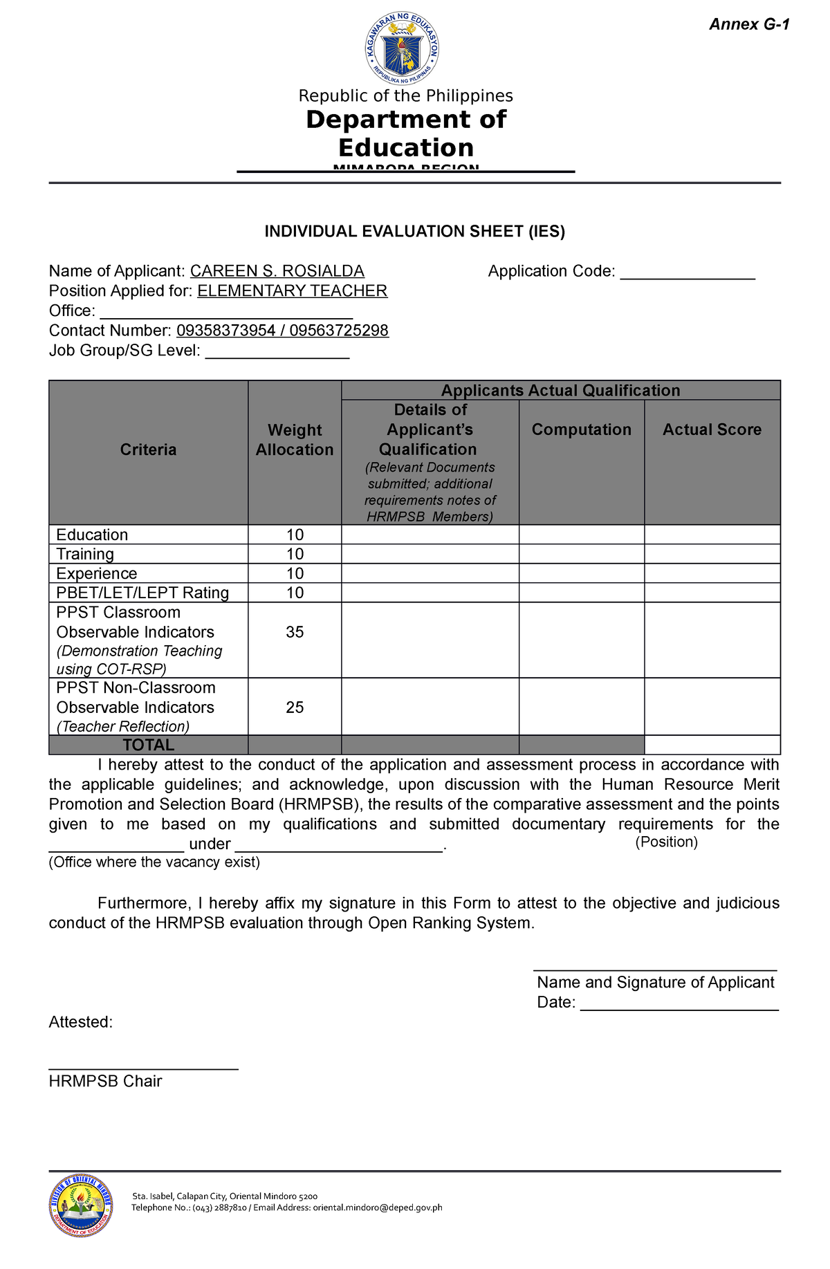 Enc 3 To Reach Information Needed Individual Evaluation Sheet Ies Name Of Applicant 8977