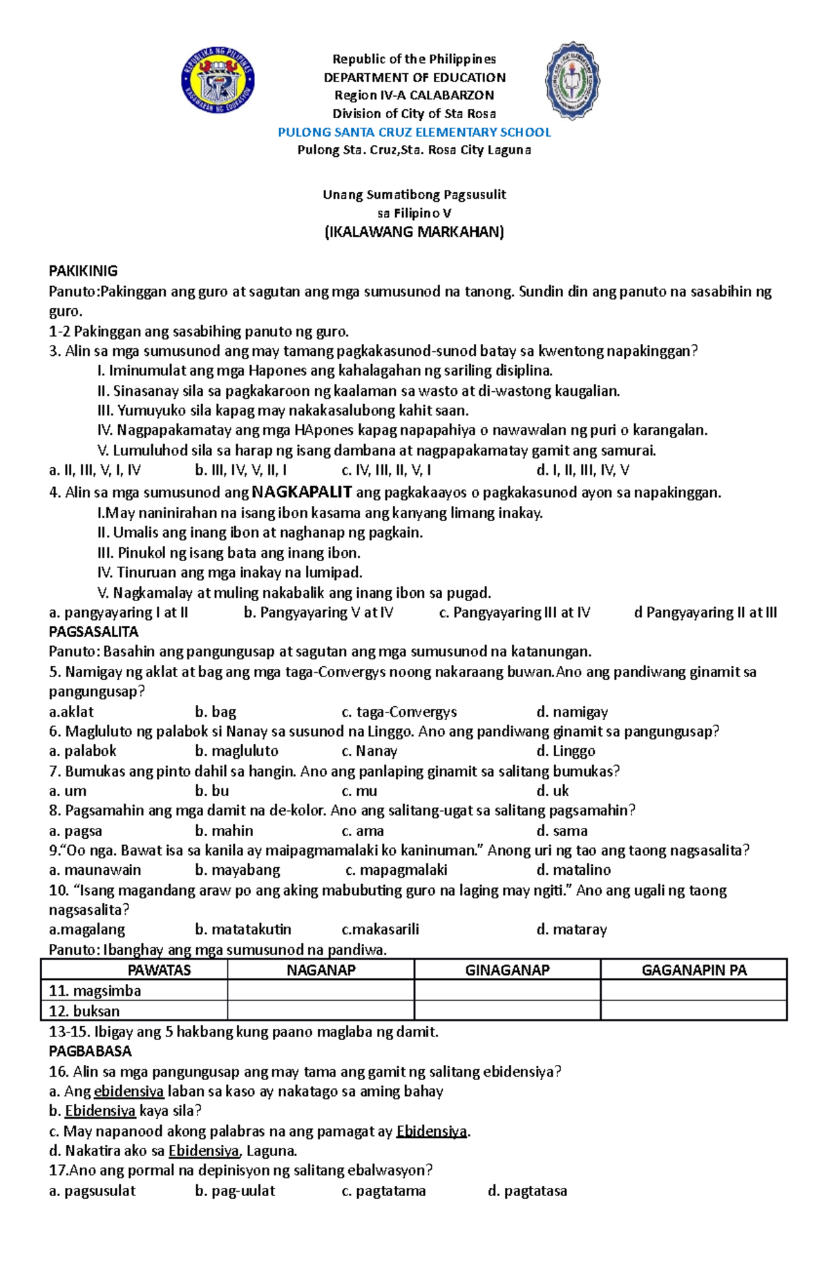 Filipinosummative Test Check List Republic Of The Philippines Department Of Education Region 9650