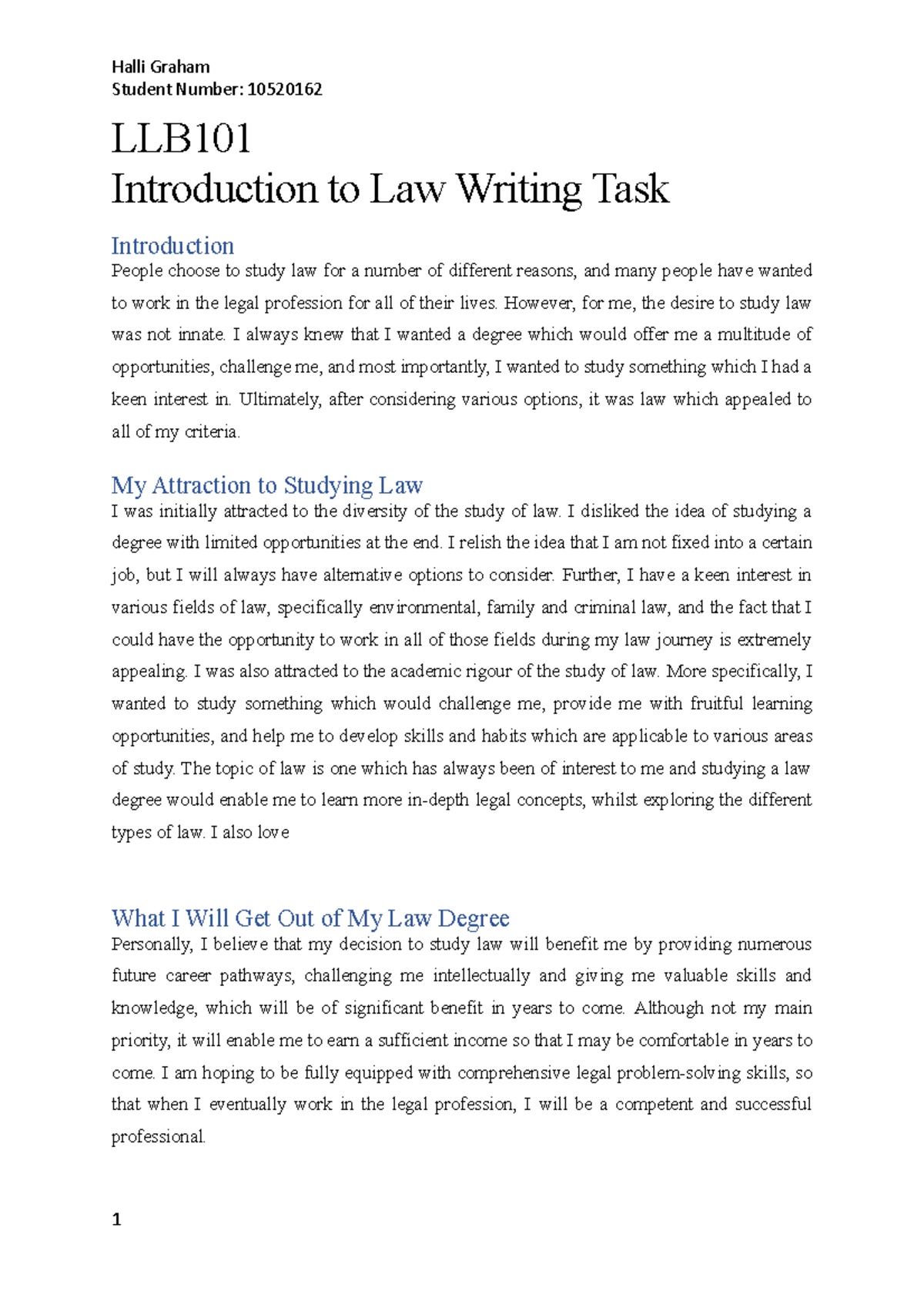 LLB101 Writing Task assignment 2019 - Halli Graham Student Number ...