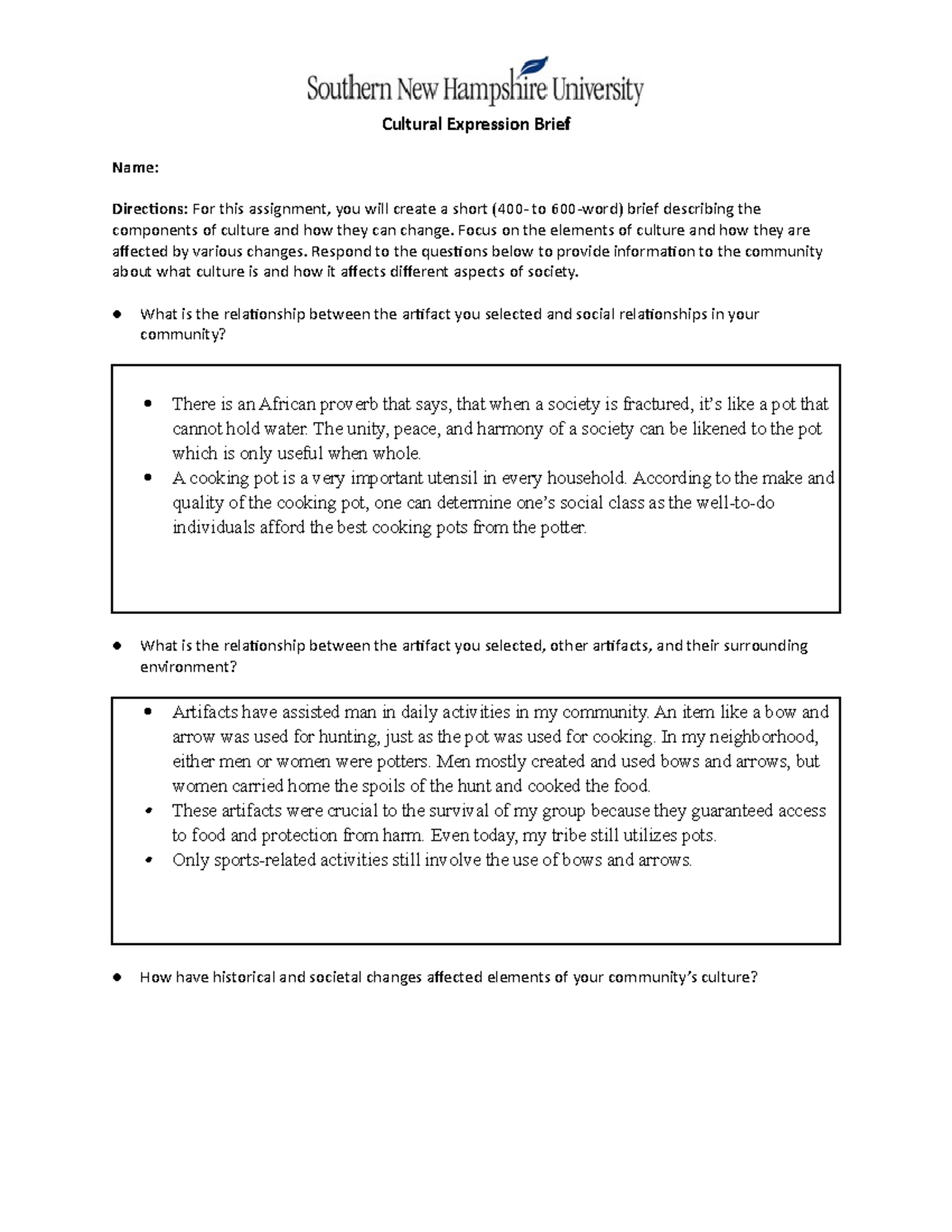 HUM-2001 2 Cultural Expression Brief - Cultural Expression Brief Name ...