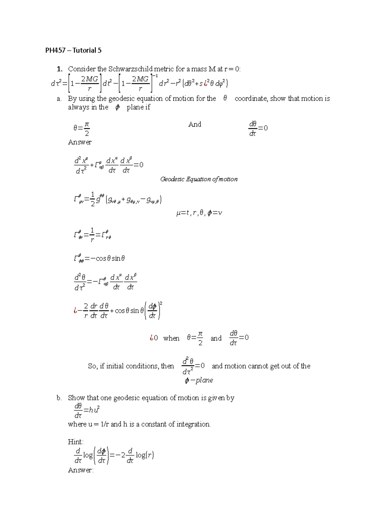 PH457 - weeks 1-11 - PH457 – Tutorial 5 Consider the Schwarzschild ...