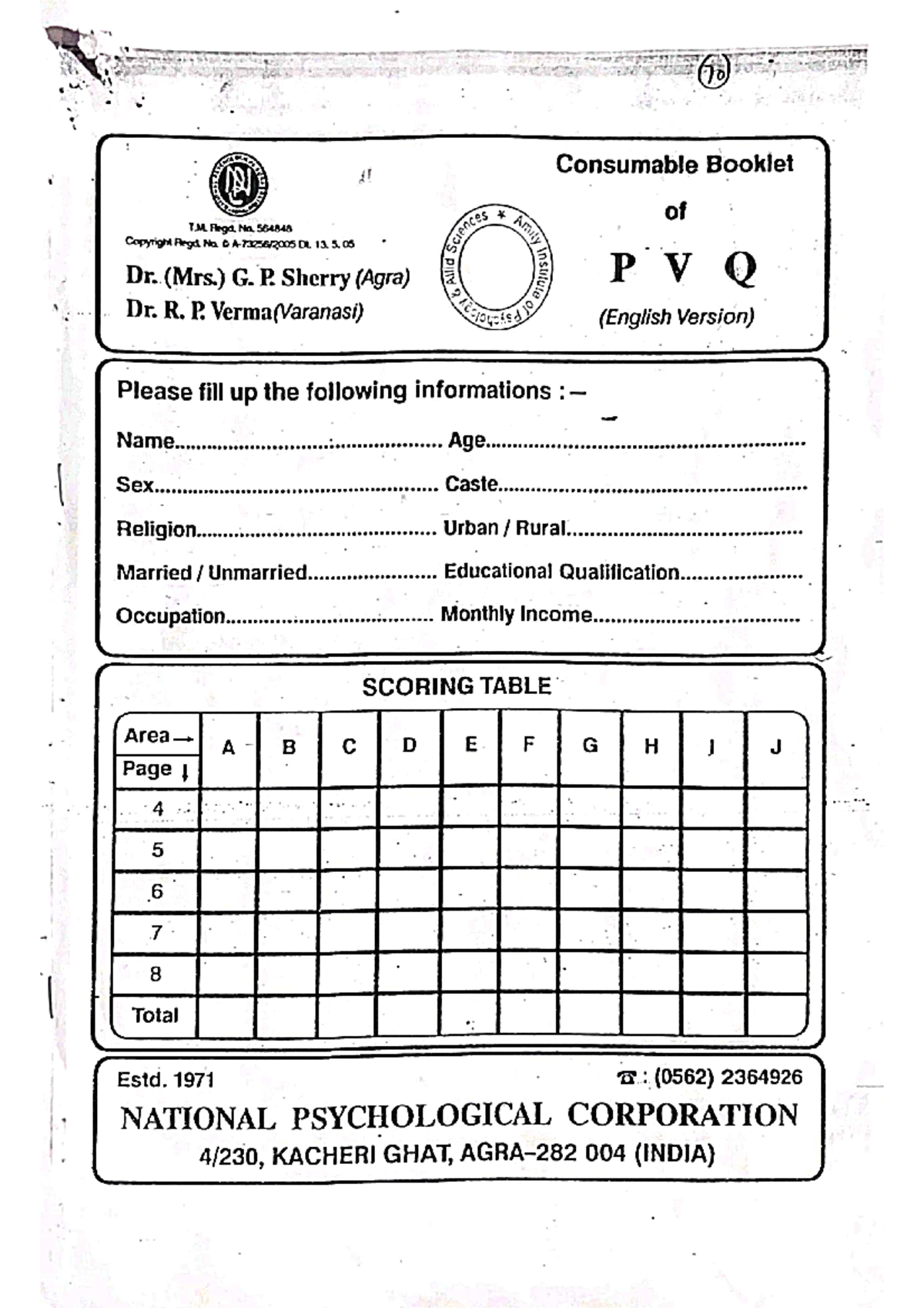 PVQ- Questionnaire - To Consumable Booklet ETTER of T. Regd No. 564848 ...