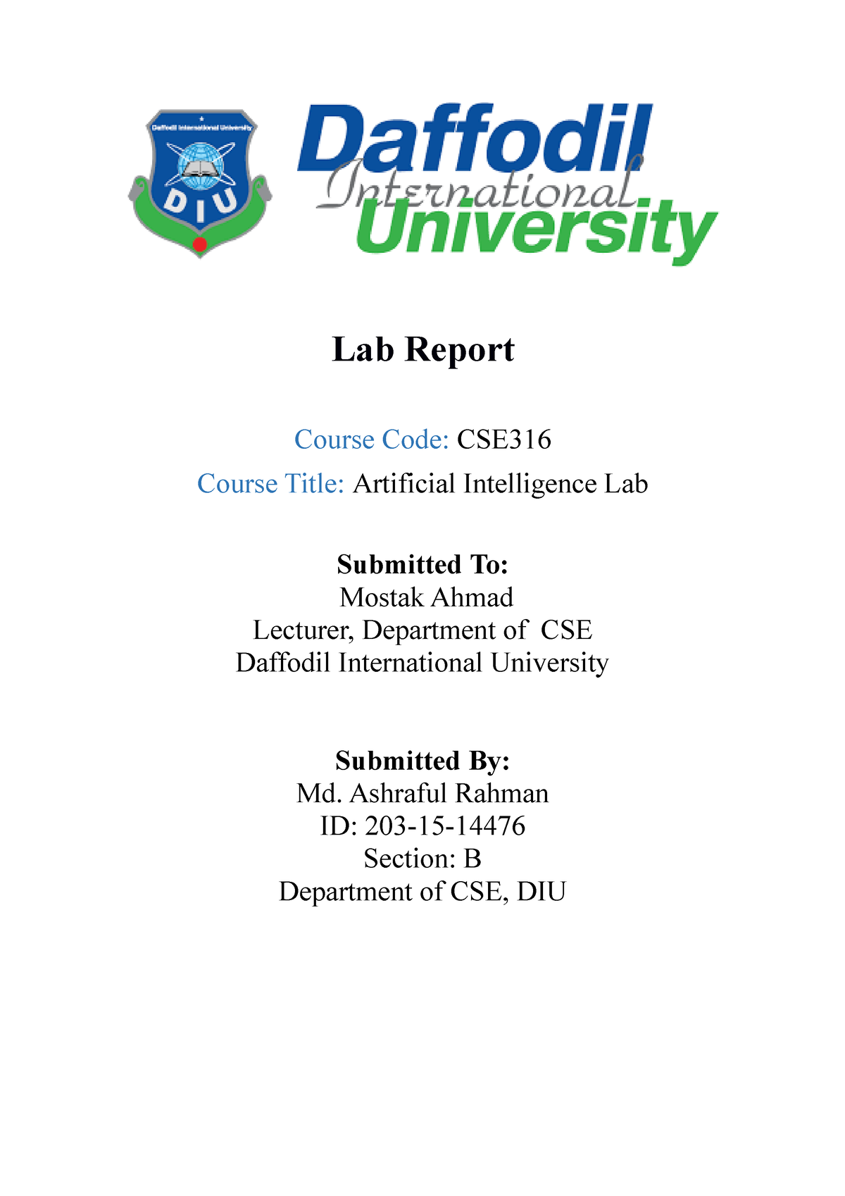 203-15-14476 B Lab-report - Lab Report Course Code: CSE Course Title ...