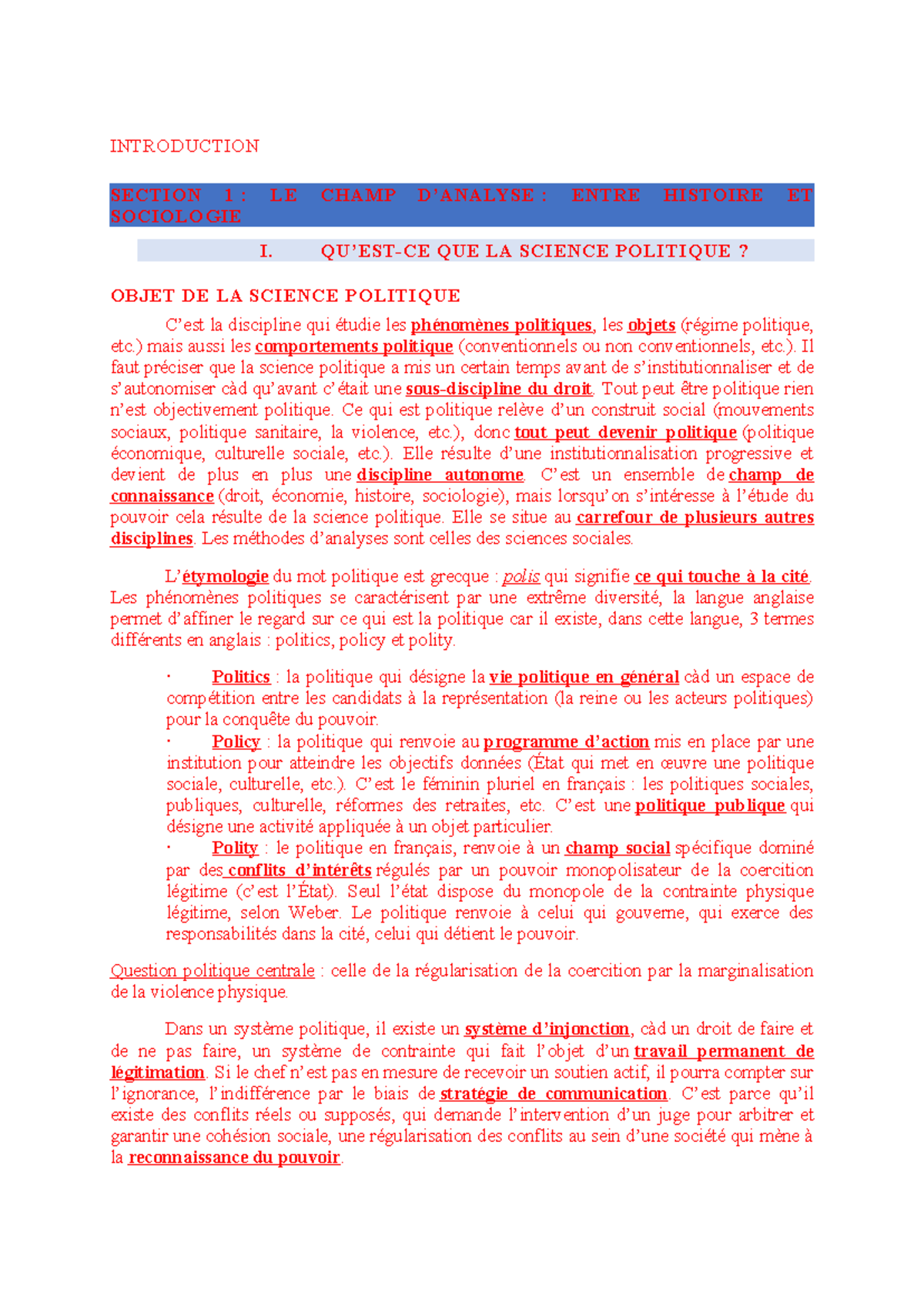 Introduction à la science politique - INTRODUCTION SECTION 1 : LE CHAMP ...