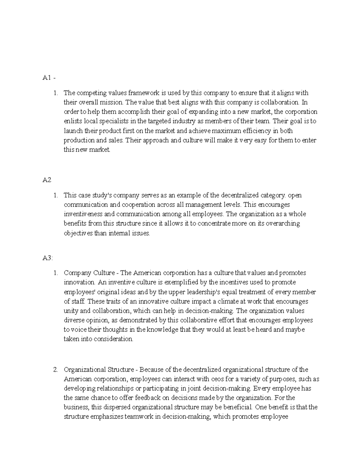 D081 - Task 1 - Pass - Assessment - A1 - The competing values framework ...