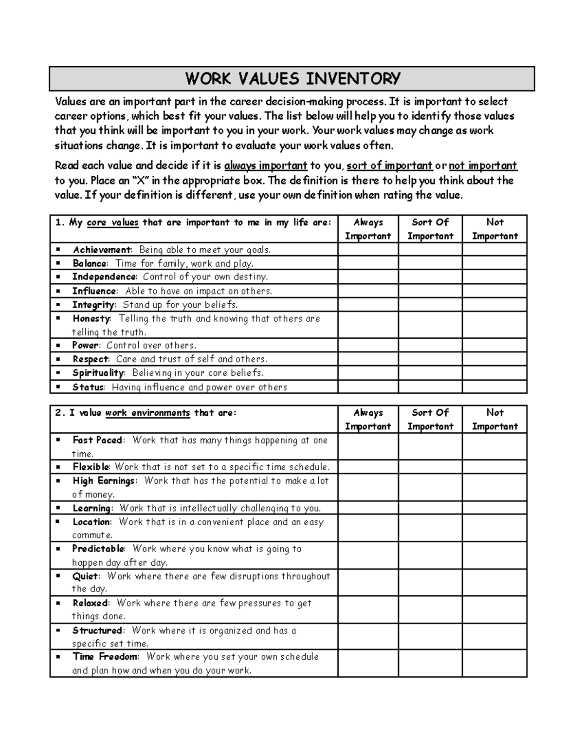 Workvaluesinventory FOR SENIOR HIGH SCHOOL - WORK VALUES INVENTORY ...