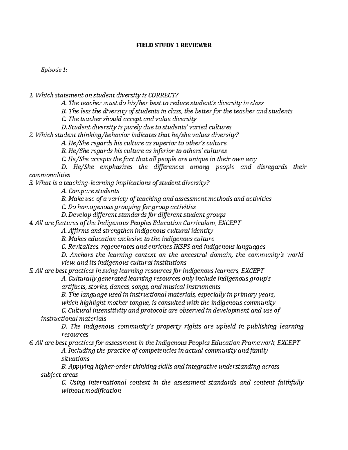 Field Study 1 Reviewer FS 1 FIELD STUDY 1 REVIEWER Episode 1 1