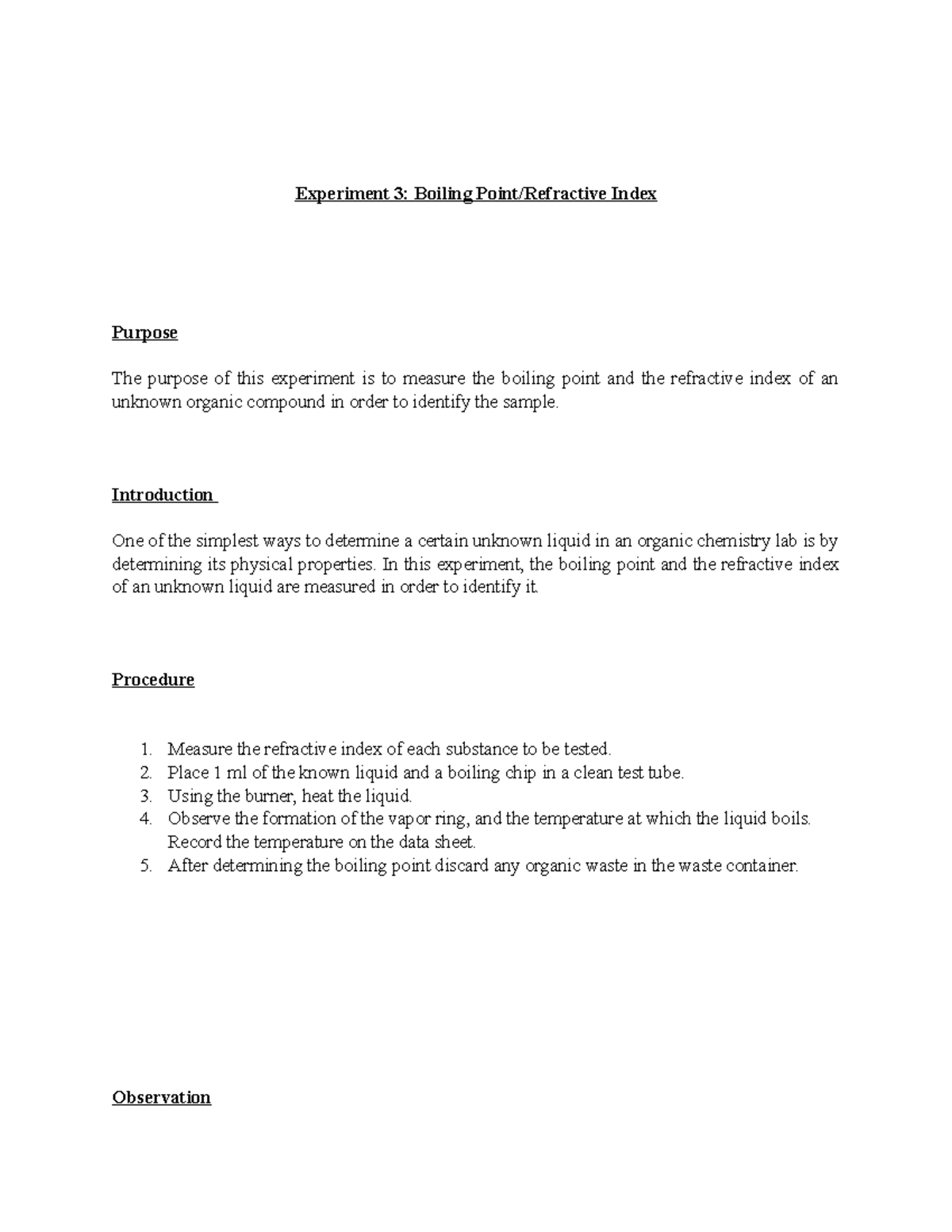 Boiling Point Refractive Index lab report Experiment 3 Boiling Point