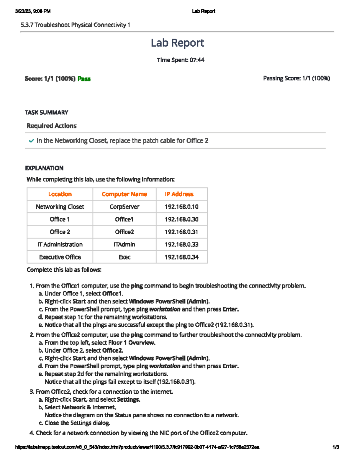 5.3.7 Troubleshoot Physical Connectivity 1 906 PM Lab Report 5.3