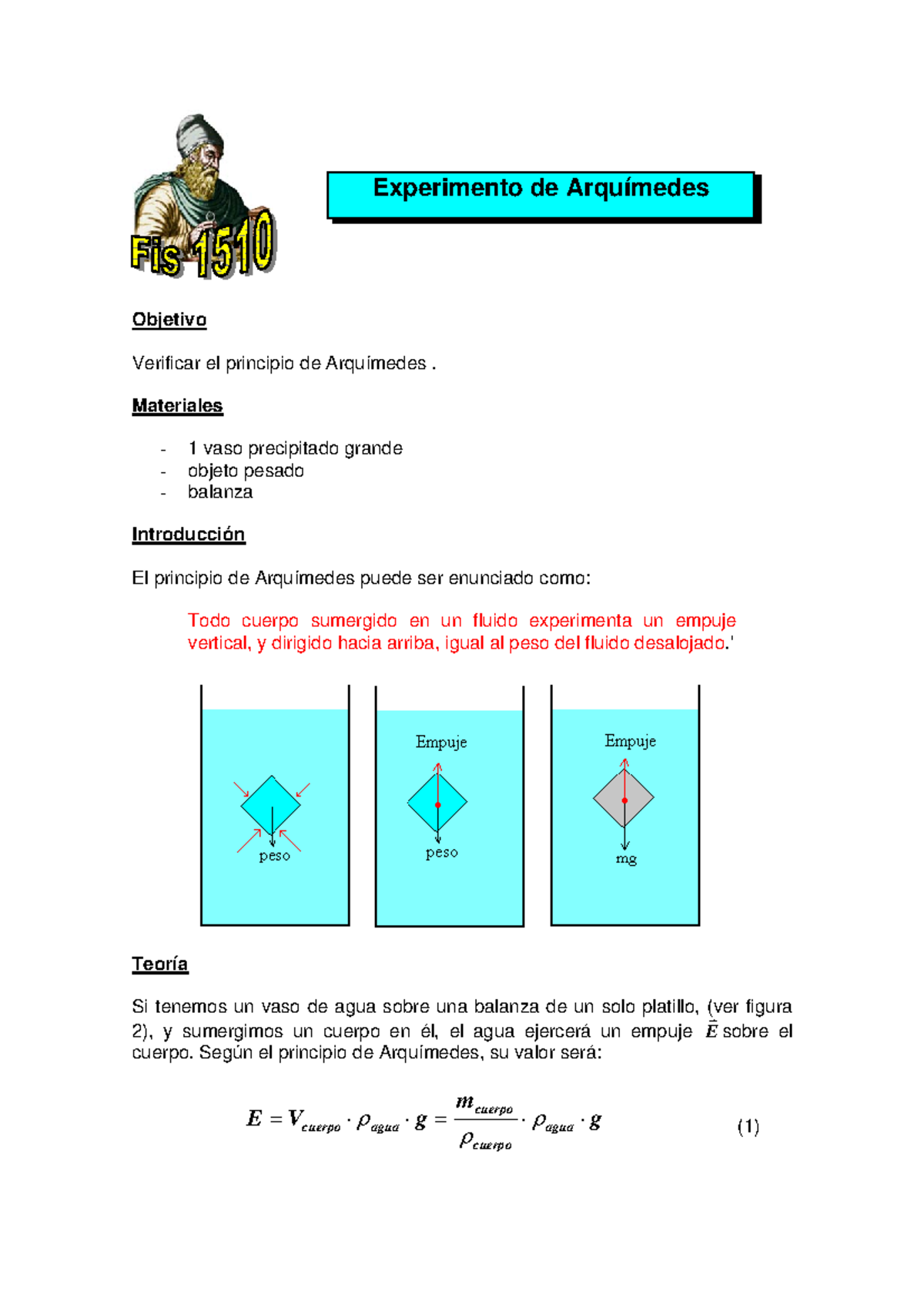 Exp Arquimedes Fnfn Experimento De Arquímedes Objetivo Verificar El Principio De Arquímedes