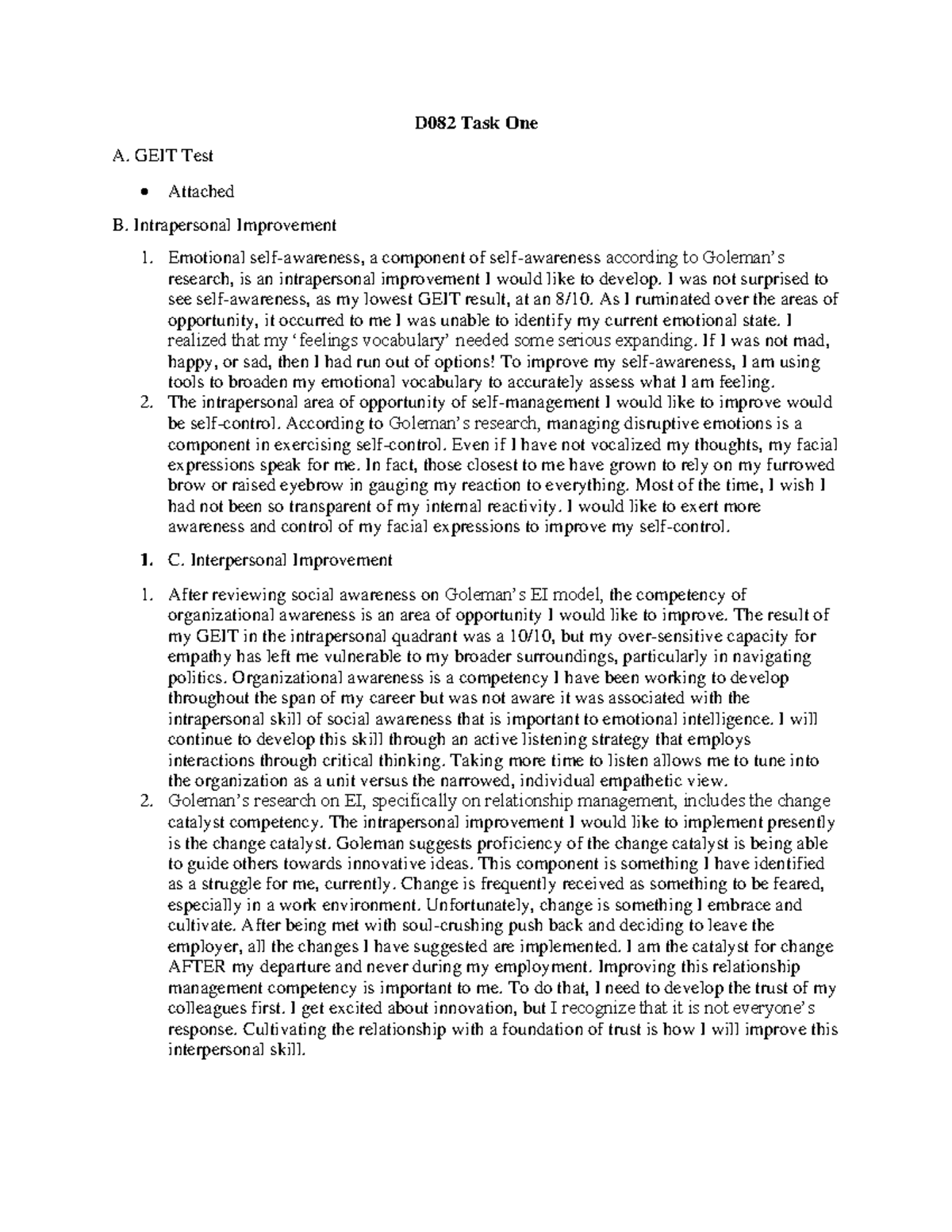 D082 Task One - D082 Task One - Passed - D082 Task One A. GEIT Test ...