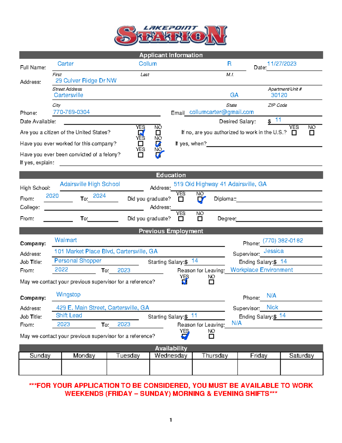 Employment application 2023 - 1 Applicant Information Full Name: Date ...