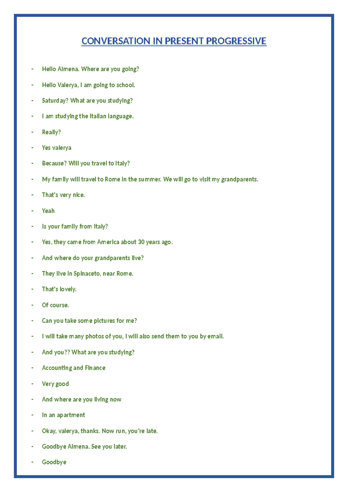 Conversation IN Present Progressive - CONVERSATION IN PRESENT ...