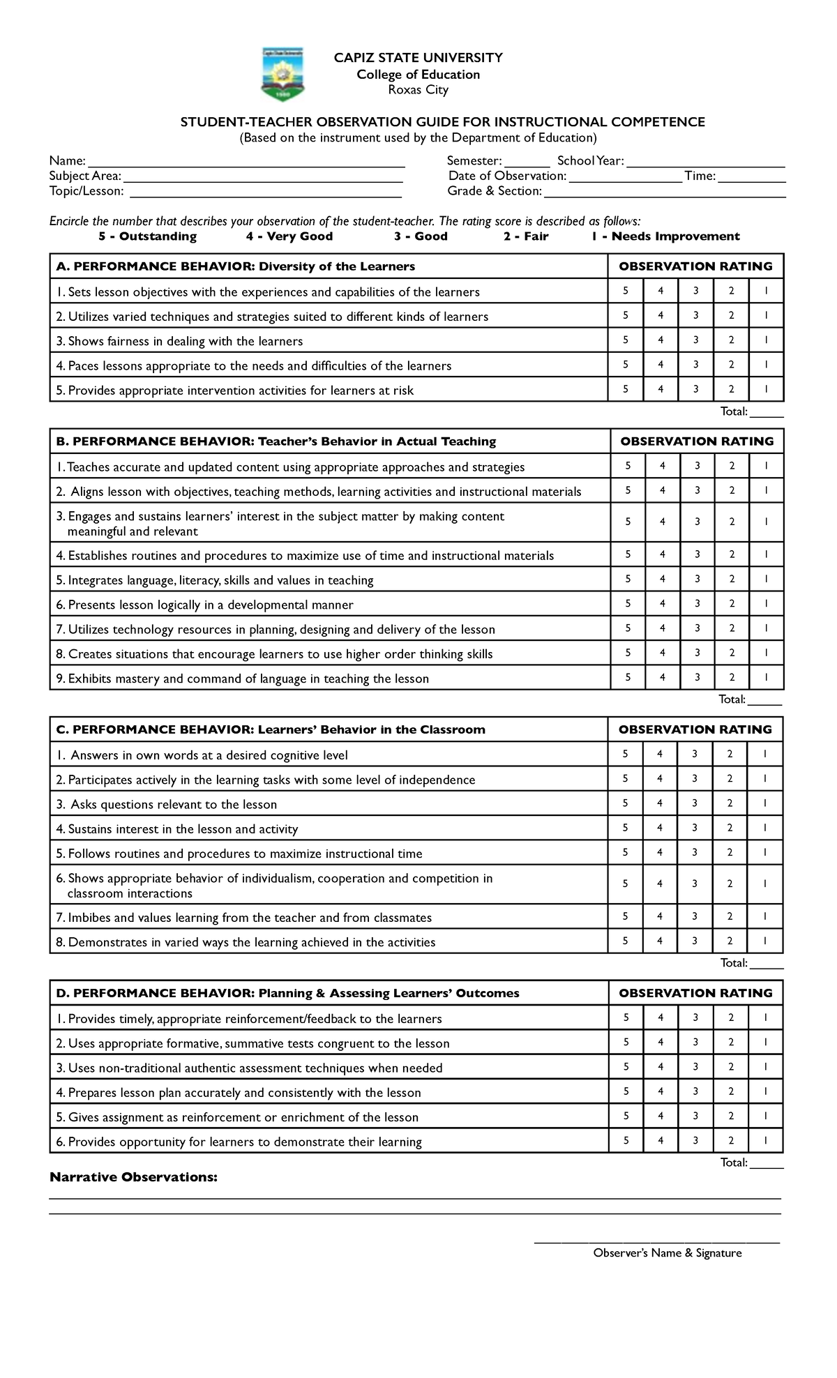 Observation-Sheet - Observation sheet - CAPIZ STATE UNIVERSITY College ...