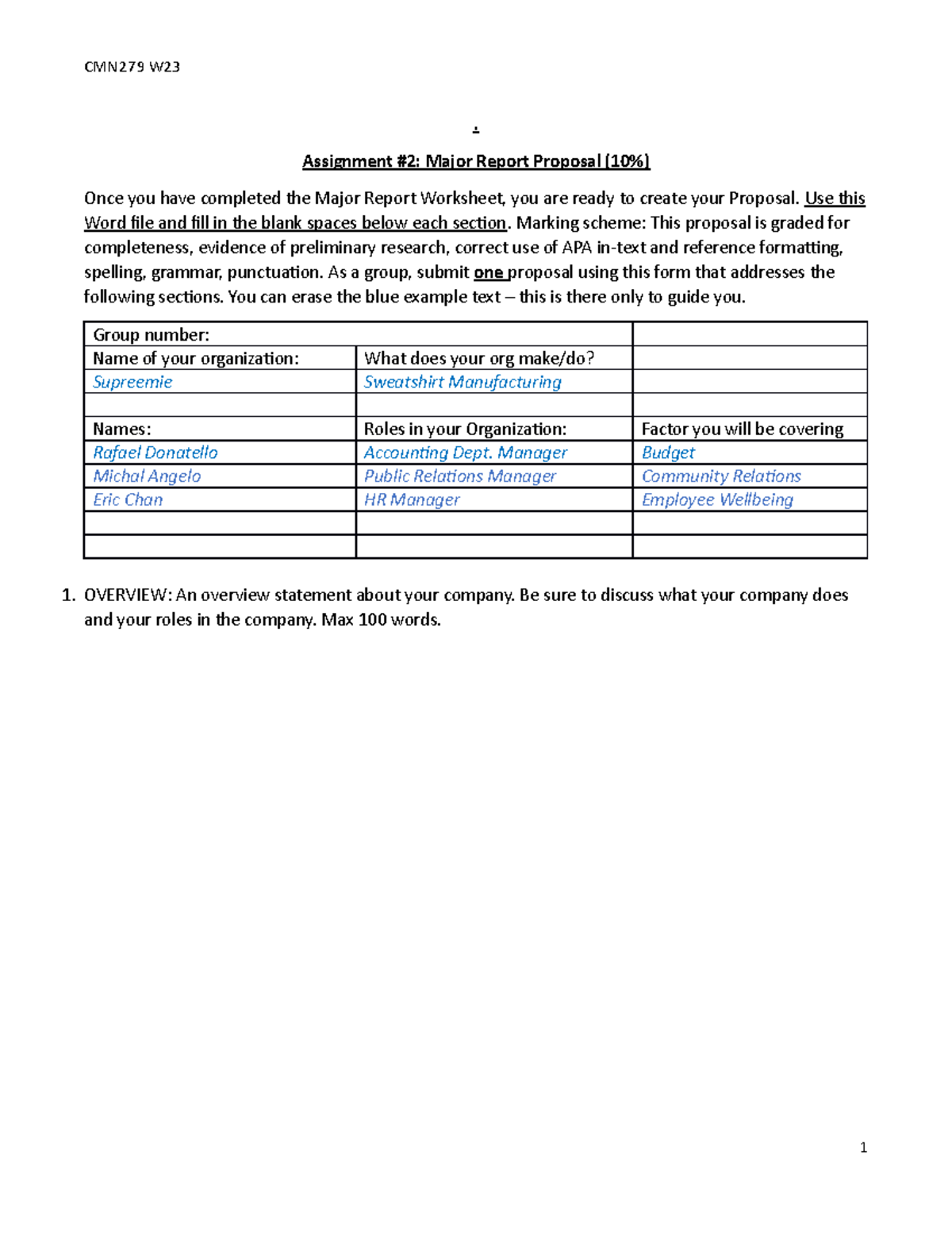 Assignment 2 Proposal - group work - . Assignment #2: Major Report ...