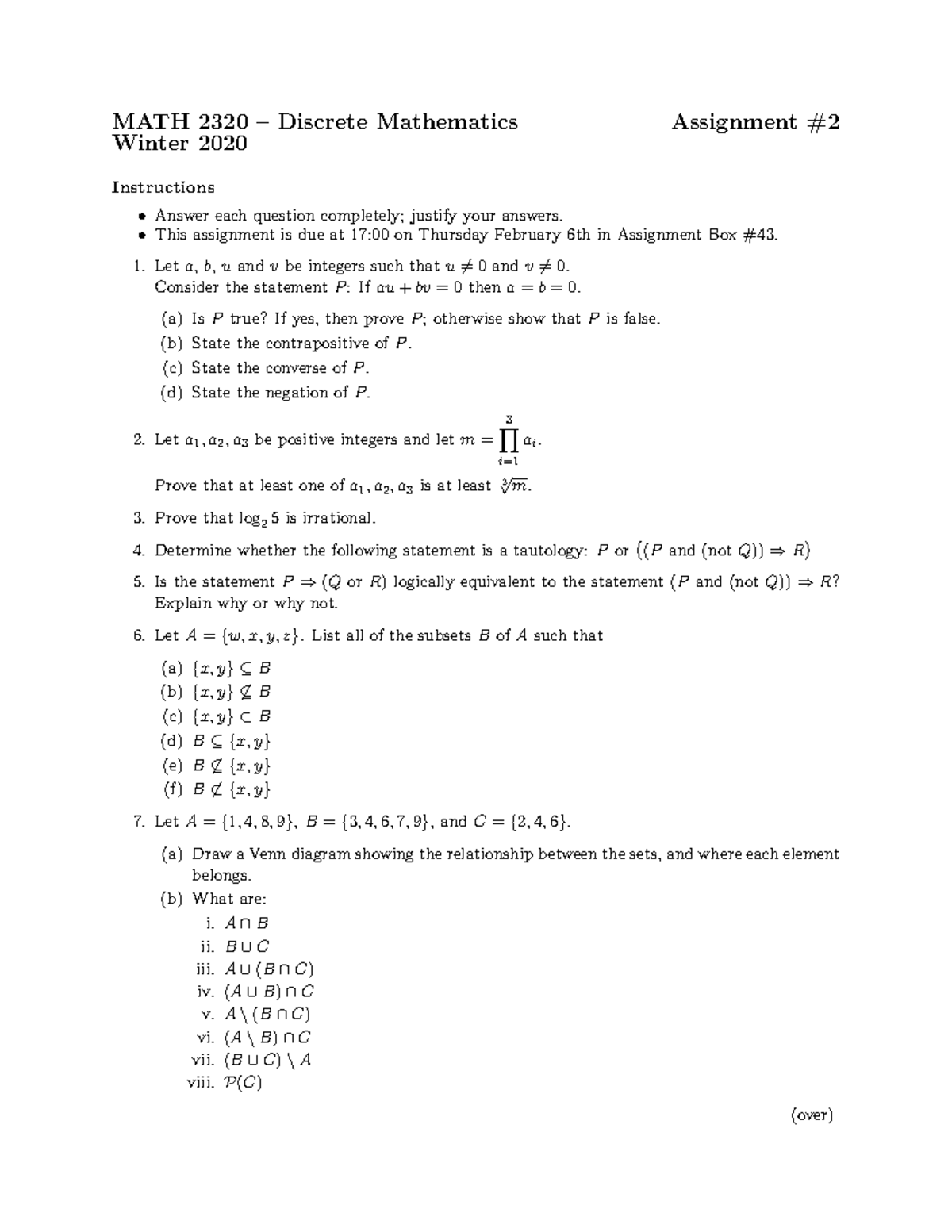 Assn2 - Assignments - MATH 2320 – Discrete Mathematics Assignment ...