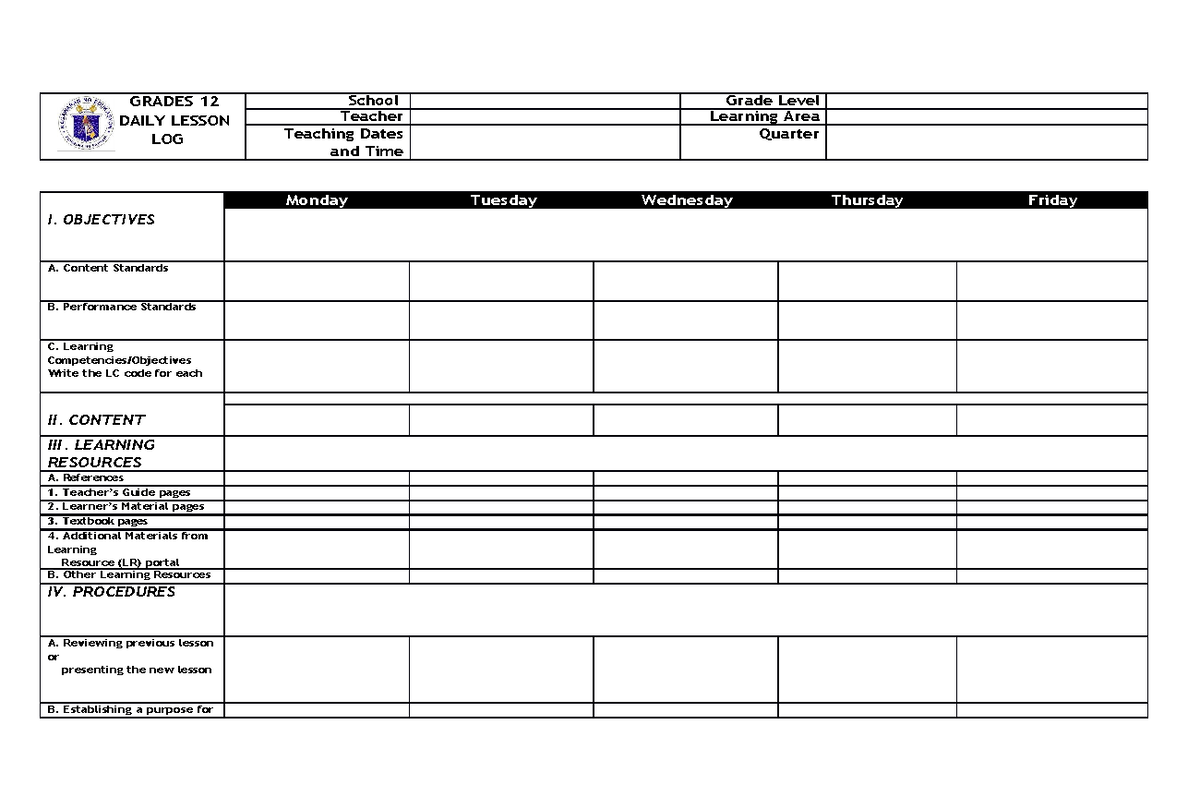 Dll template grades 1 to 12 englishdocx - GRADES 12 DAILY LESSON LOG ...