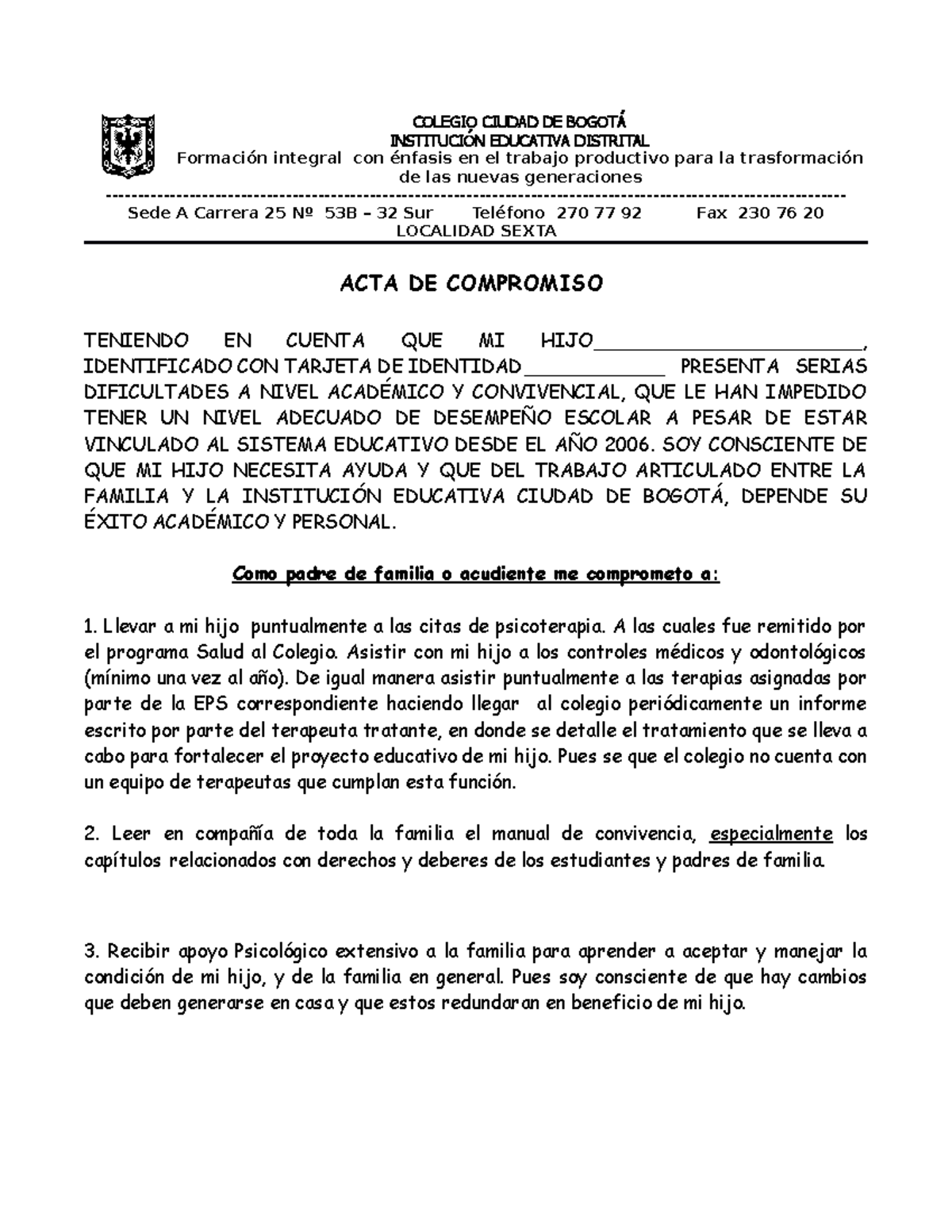 ACTA DE Compromiso - Formato - COLEGIO CIUDAD DE BOGOTÁ INSTITUCIÓN ...