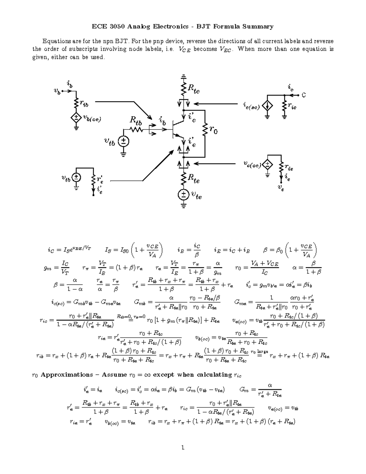 Summary - Bjt formula - ECE 3050 Analog Electronics - BJT Formula ...