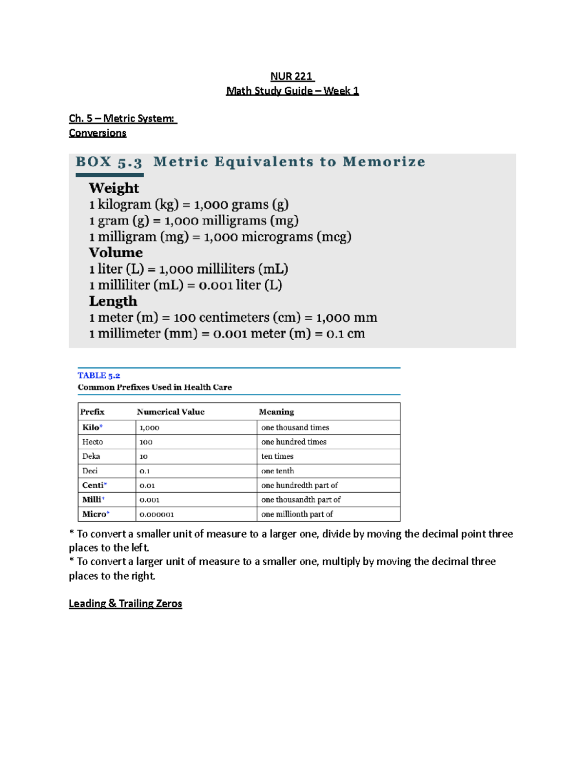 Math Review Week 1 - Med Math Practice - NUR 221 Math Study Guide ...