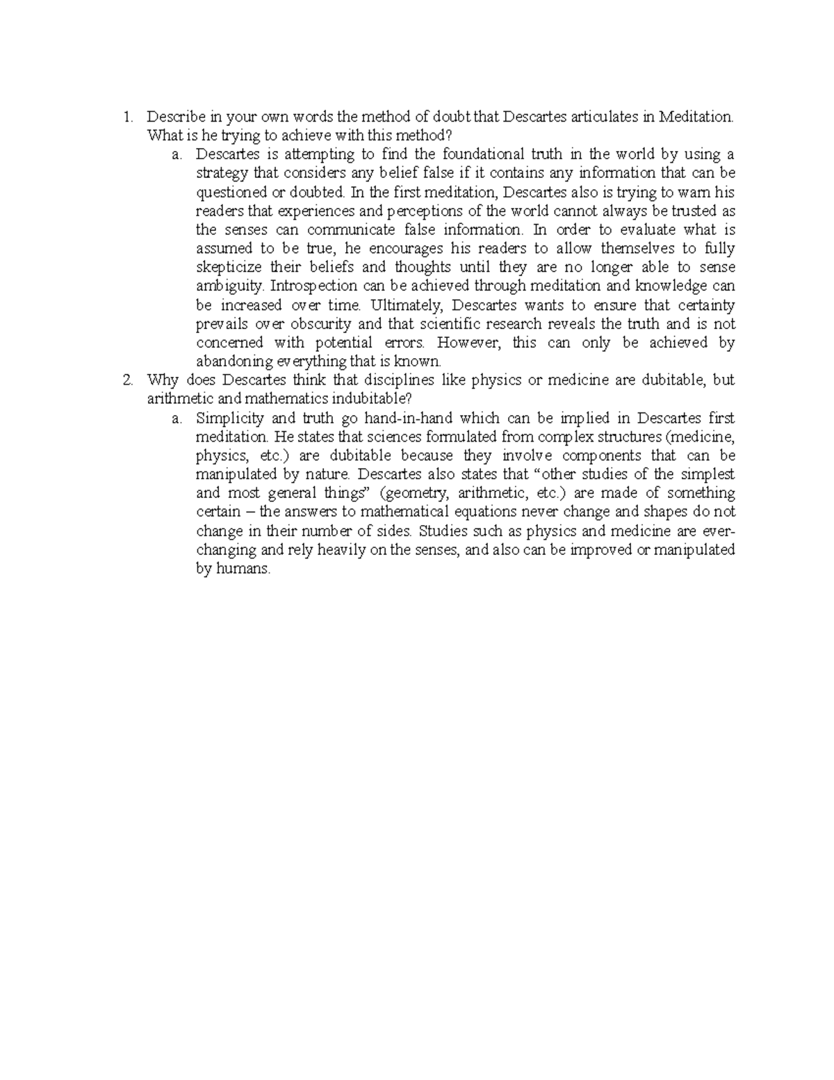 Descartes Mediation RQ Describe In Your Own Words The Method Of Doubt