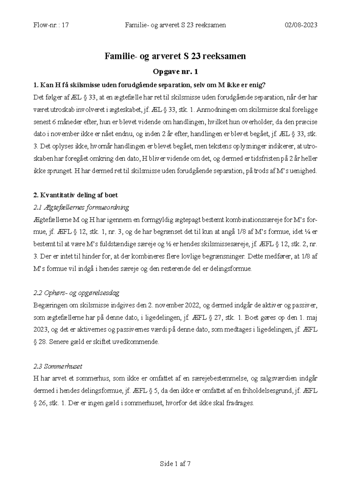 Familie- Og Arveret, Reeksamen Sommer 2023 - Familie- Og Arveret S 23 ...