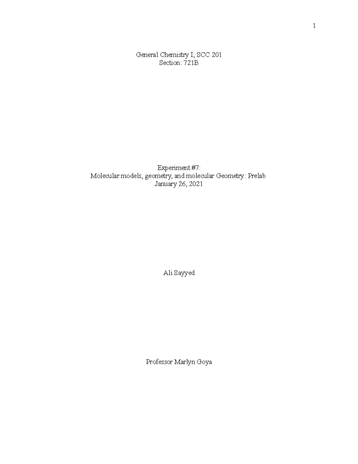 General Chemistry PreLab 7 1 General Chemistry I, SCC 201 Section