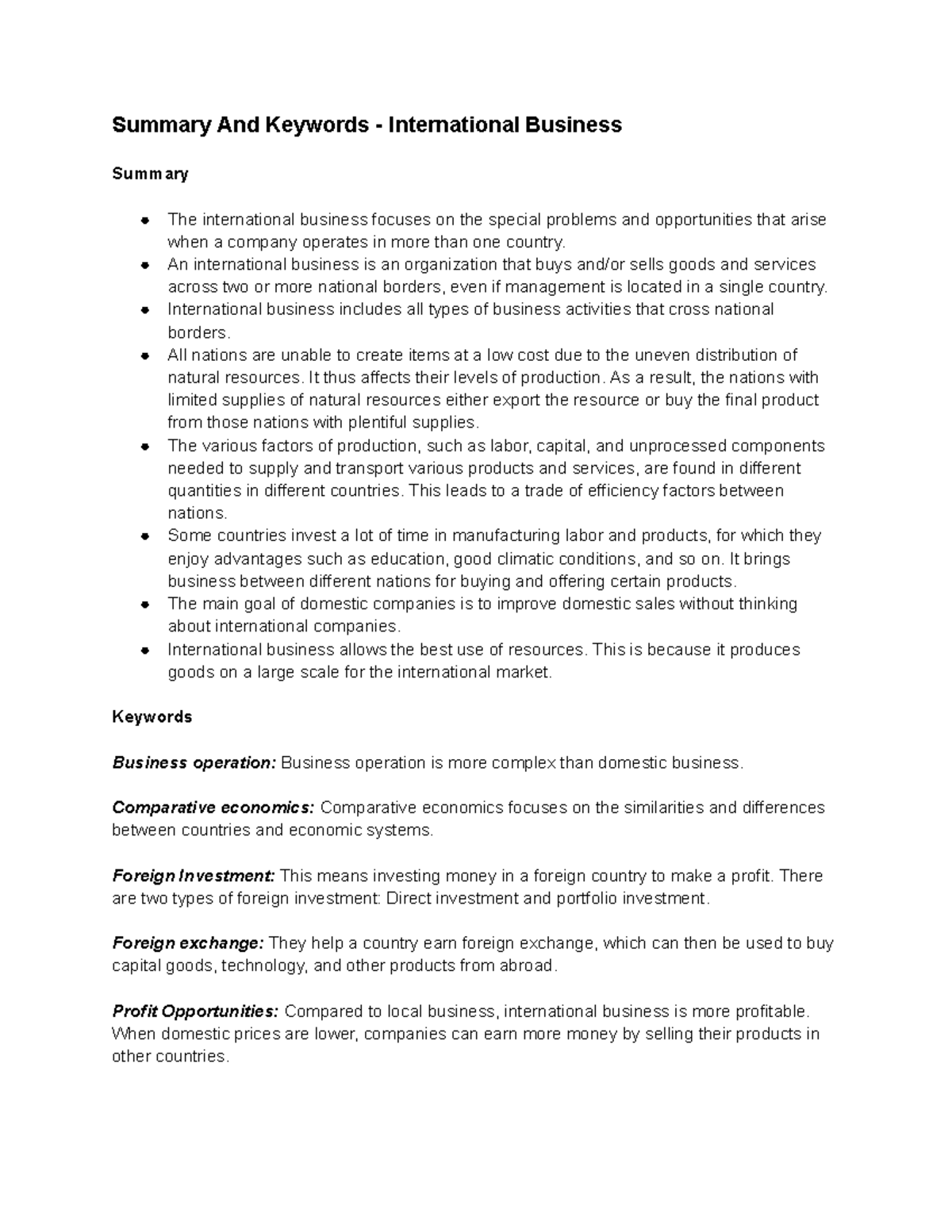 Summary And Keywords International Business Summary And Keywords