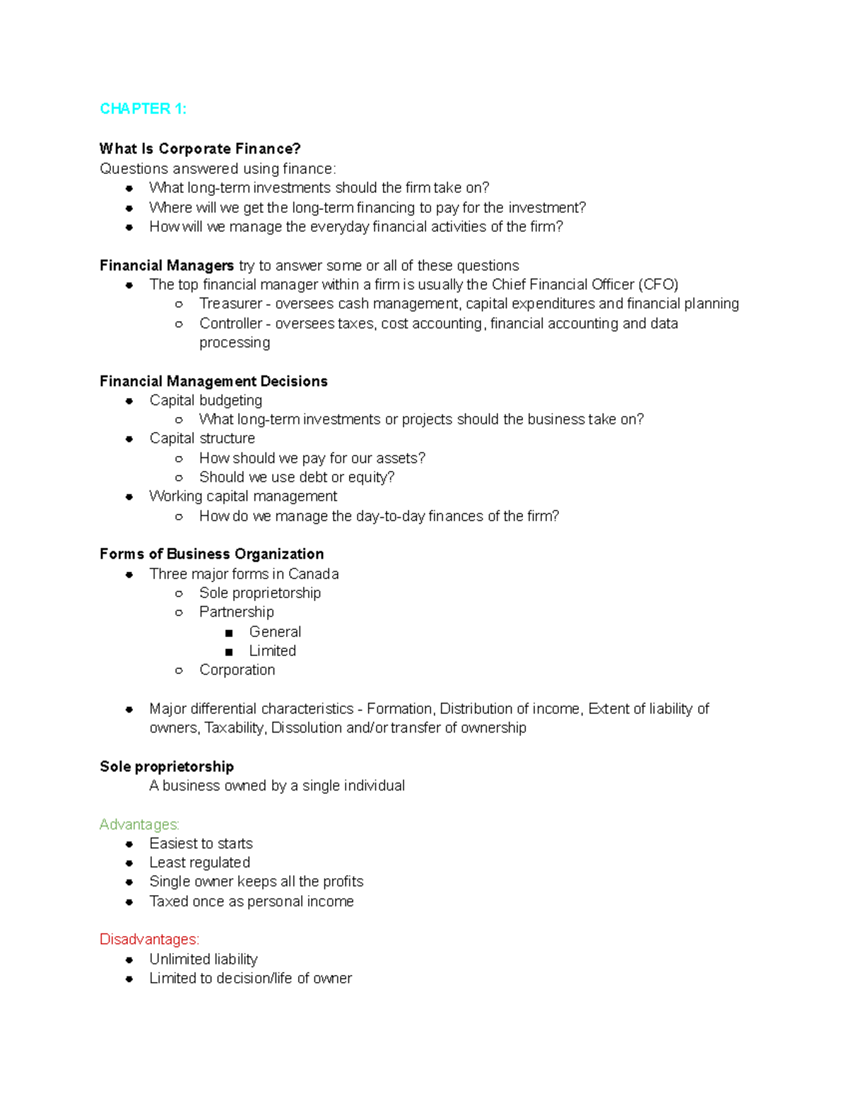 2FA3 Intro to finance: Midterm 1 - CHAPTER 1: What Is Corporate Finance ...
