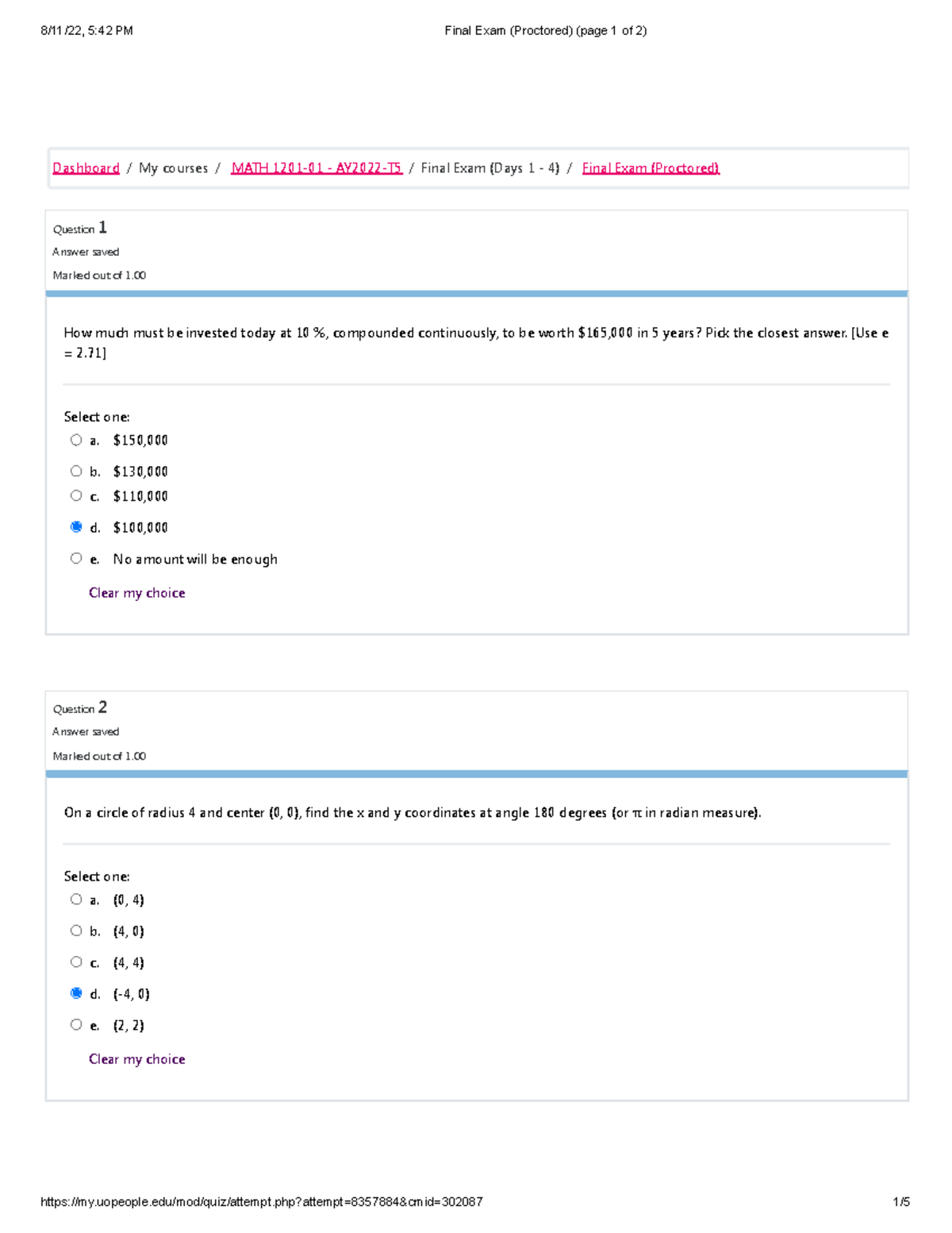 Math 1201 College Algebra Final Exam (Proctored) (page 1 Of 2 ...