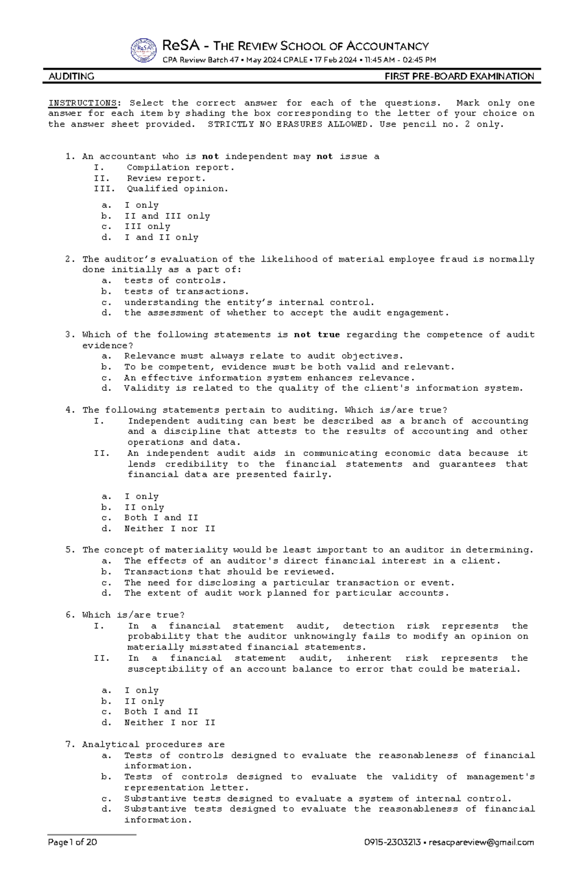 Answer - ReSA - THE REVIEW SCHOOL OF ACCOUNTANCY CPA Review Batch 4 7 ...