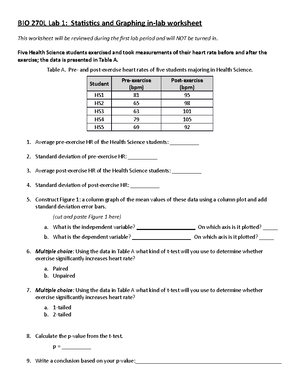 Lab 1 Statistics and Graphing in-lab worksheet - BIO 270L Lab 1 ...