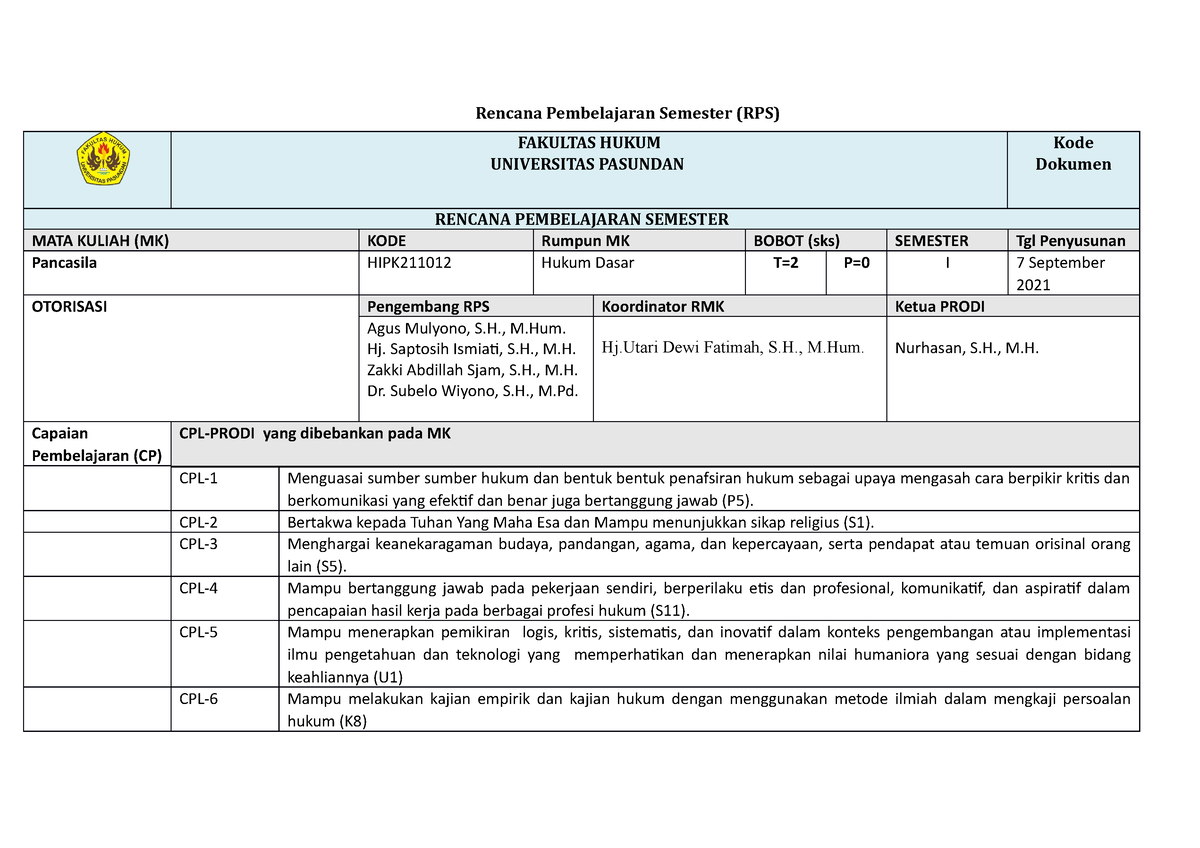 RPS Pancasila - Rencana Pembelajaran Semester (RPS) FAKULTAS HUKUM ...