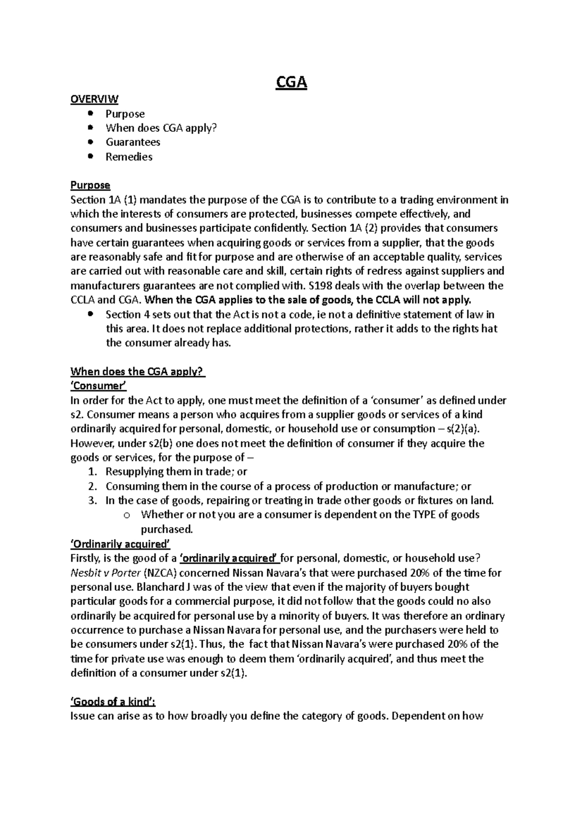 CGA Consumer Guarantees Act shortened exam notes CGA OVERVIW