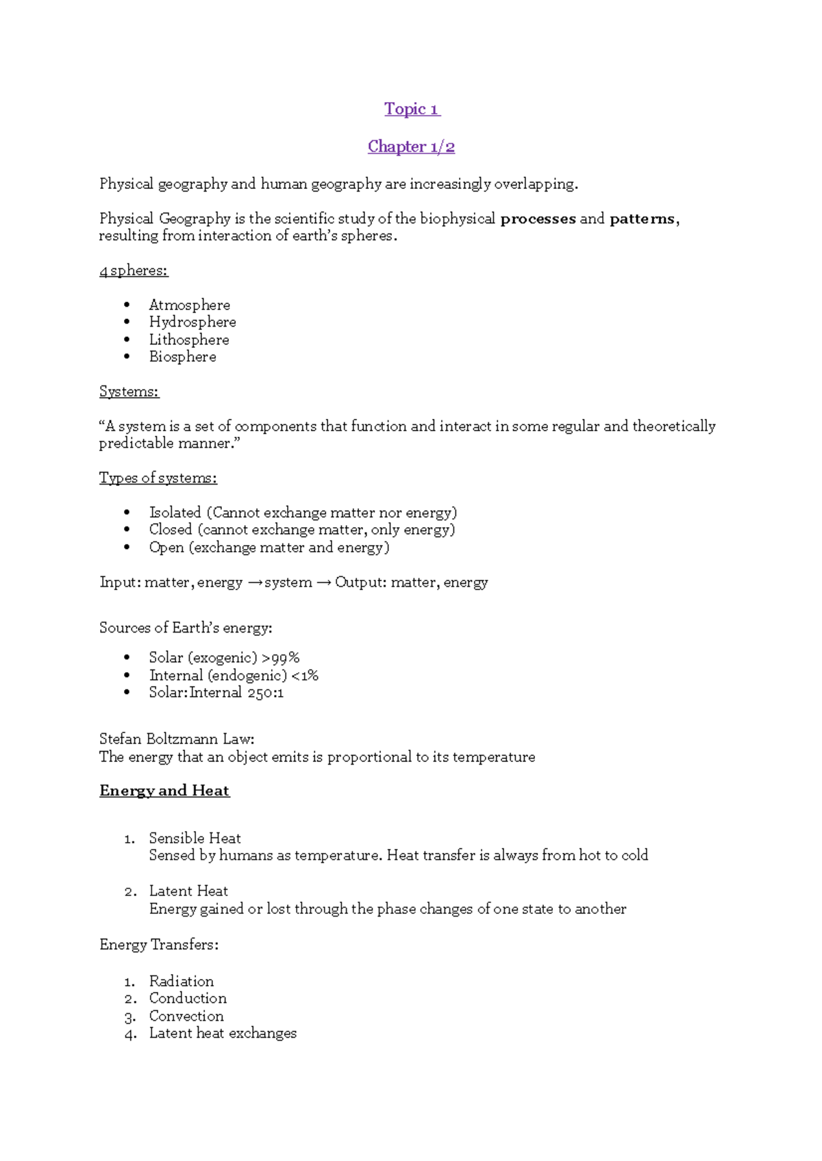 Geog 103 Midterm Notes - Topic 1 Chapter 1/ Physical geography and ...