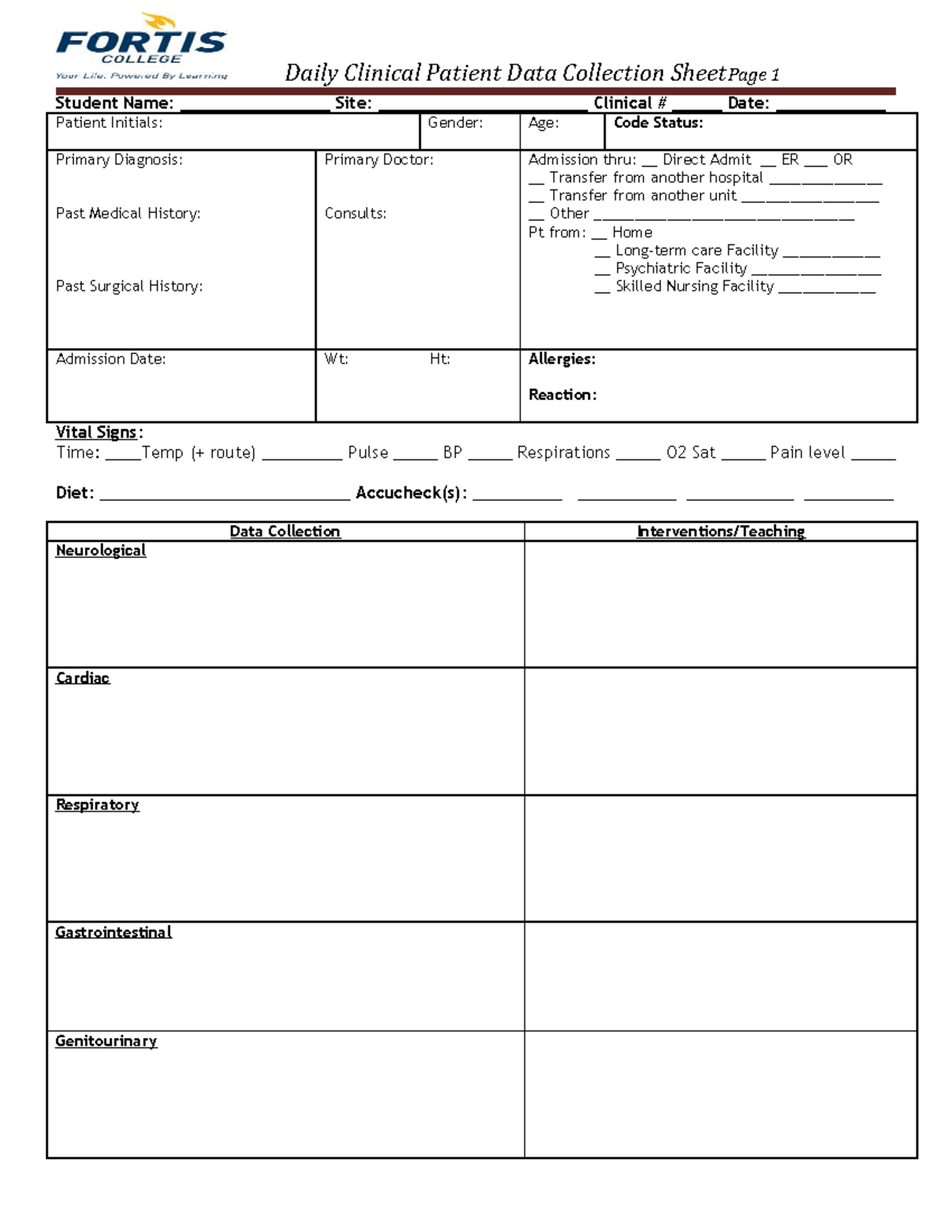 Clinical Patient Data Sheet - Student Name: _______________ Site ...