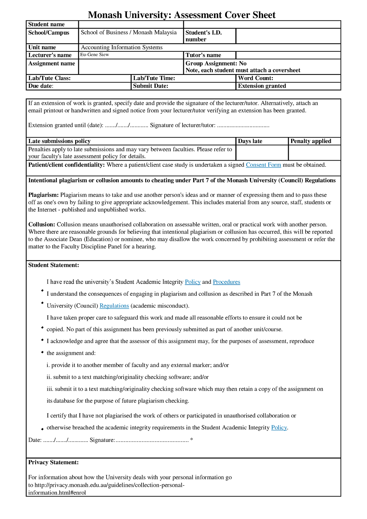 monash assignment cover sheet