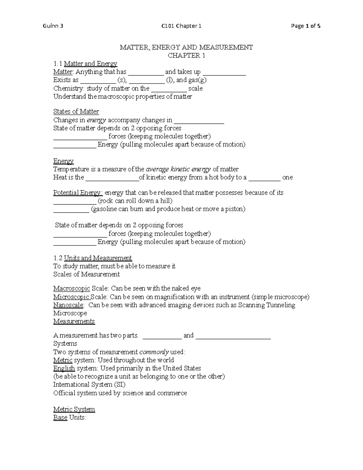 Chapter 1 Notes Matter, Energy and Measurement F22 - MATTER, ENERGY AND ...