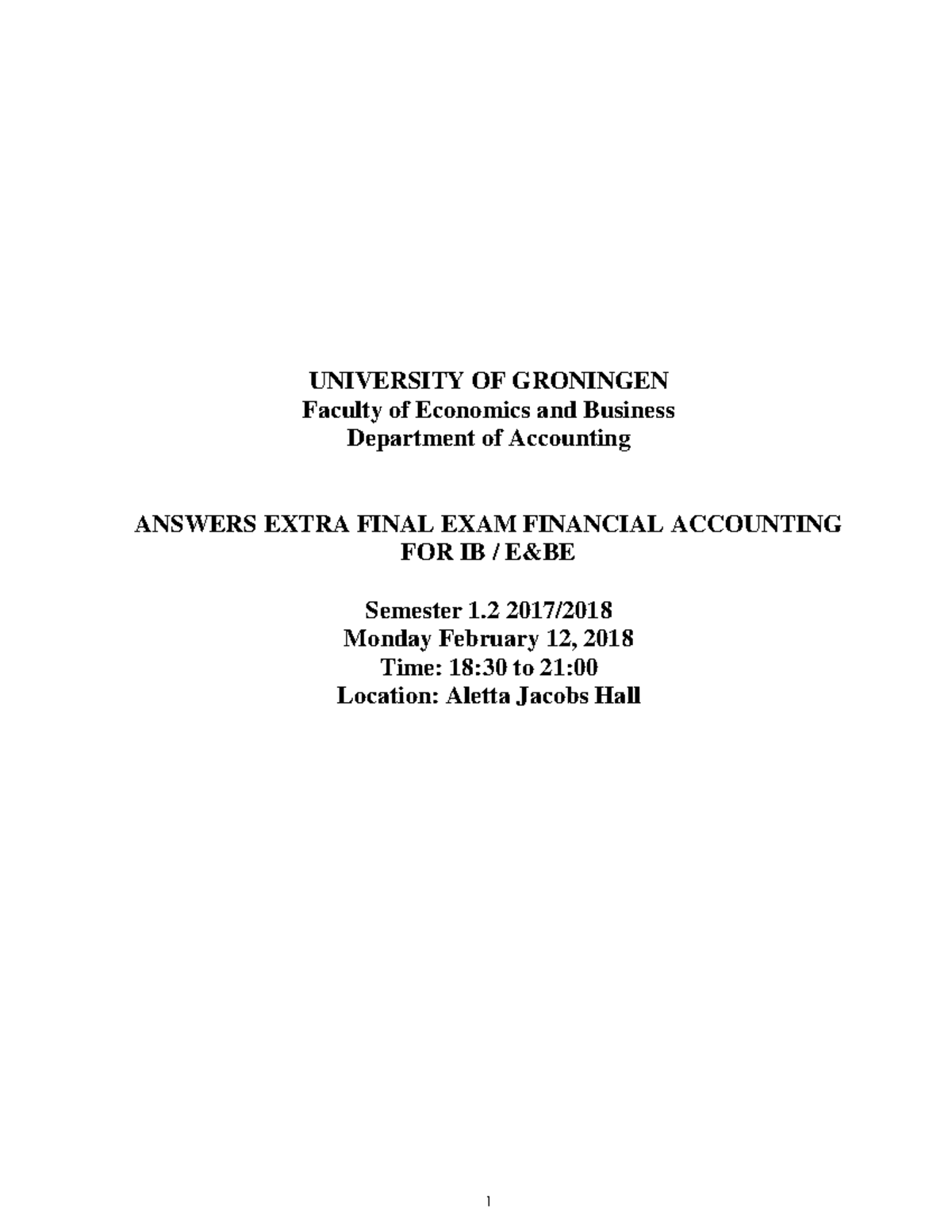 Extra Final Exam (2018) Answers - UNIVERSITY OF GRONINGEN Faculty Of ...