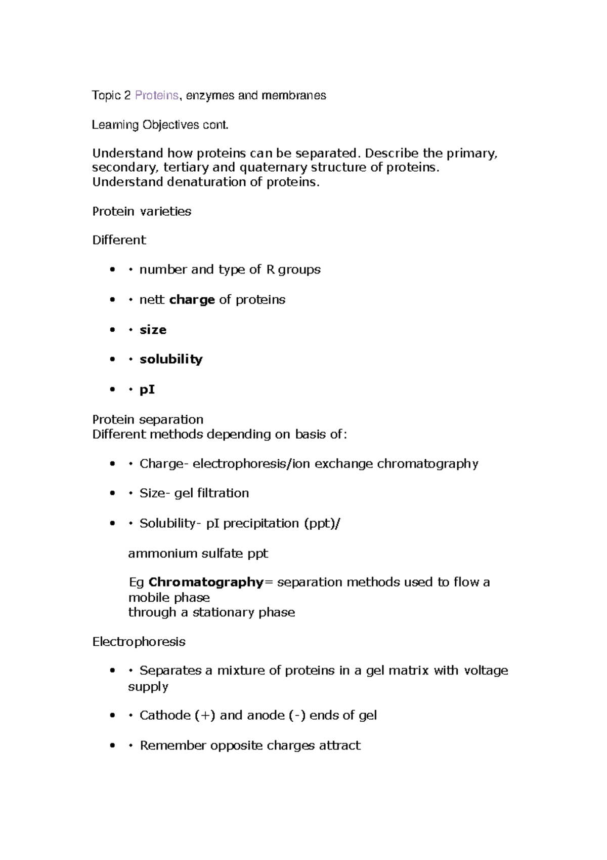 BIO L4 - Lecture notes 4 - Topic 2 Proteins, enzymes and membranes ...