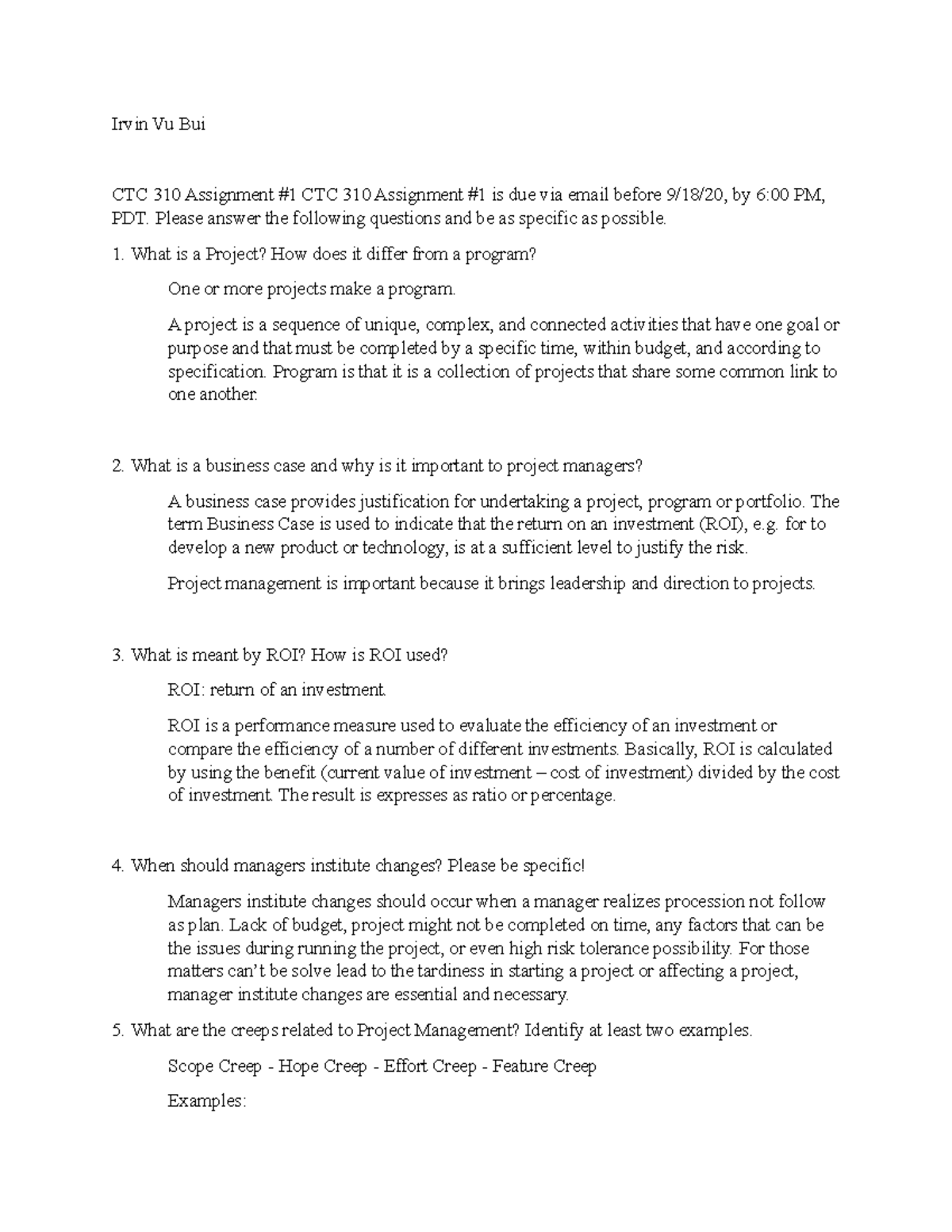 CTC 310 Assignment 1 - ctc 310 - Irvin Vu Bui CTC 310 Assignment #1 CTC ...