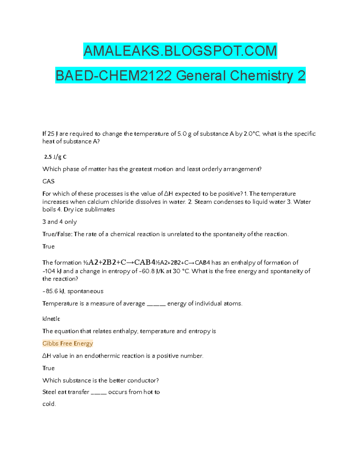 BAED-CHEM2122 General Chemistry 2 - AMALEAKS BAED-CHEM2122 General ...