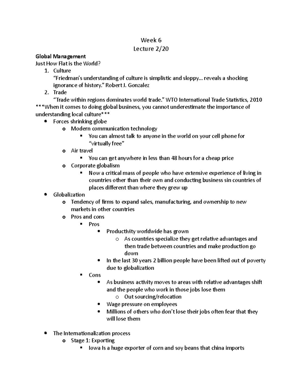 Week 6 - Lecture notes week 6 - Week 6 Lecture 2/20 Global Management ...