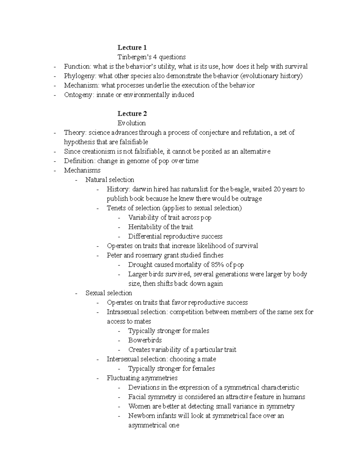 Psych 122 - Lecture notes all - Lecture 1 Tinbergen’s 4 questions ...