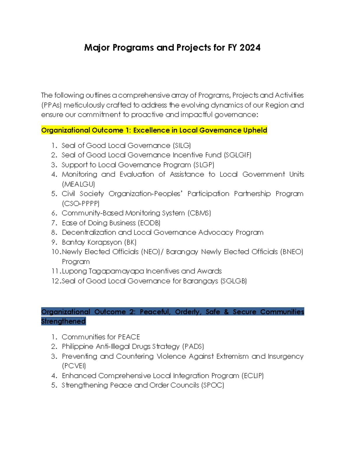 Major Programs AND Projects 2024 - Major Programs and Projects for FY ...