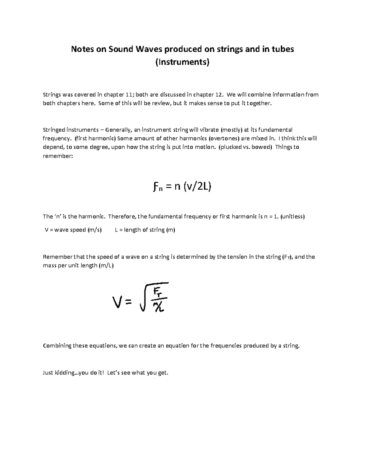 Notes Strings and Tubes - Notes on Sound Waves produced on strings and ...