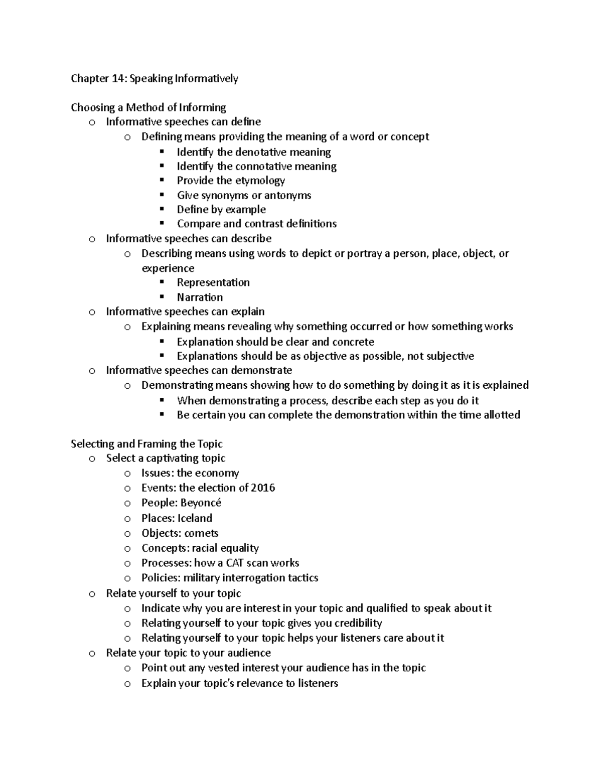 Chapter 14 - notes - Chapter 14: Speaking Informatively Choosing a ...