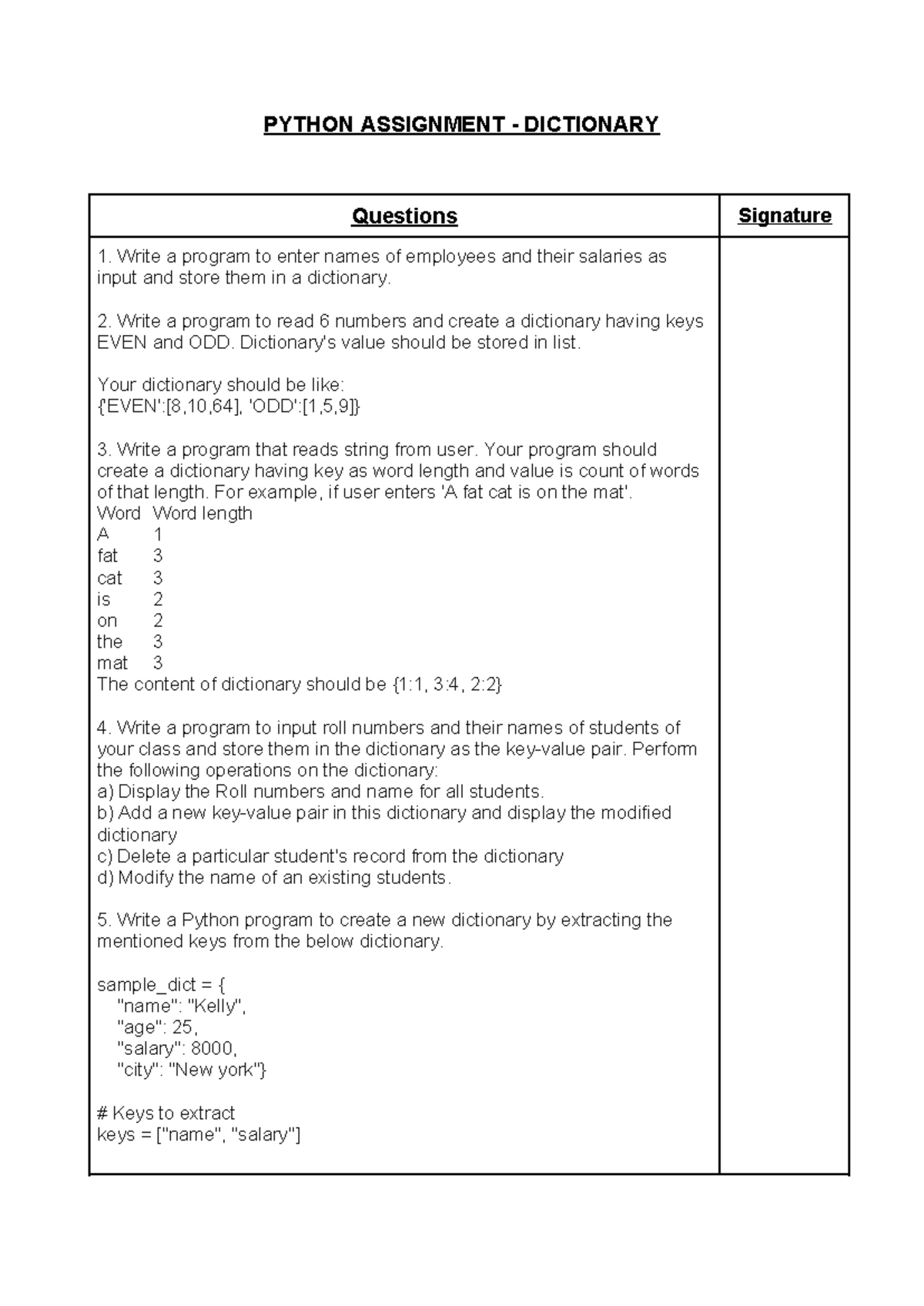 assignment dictionary