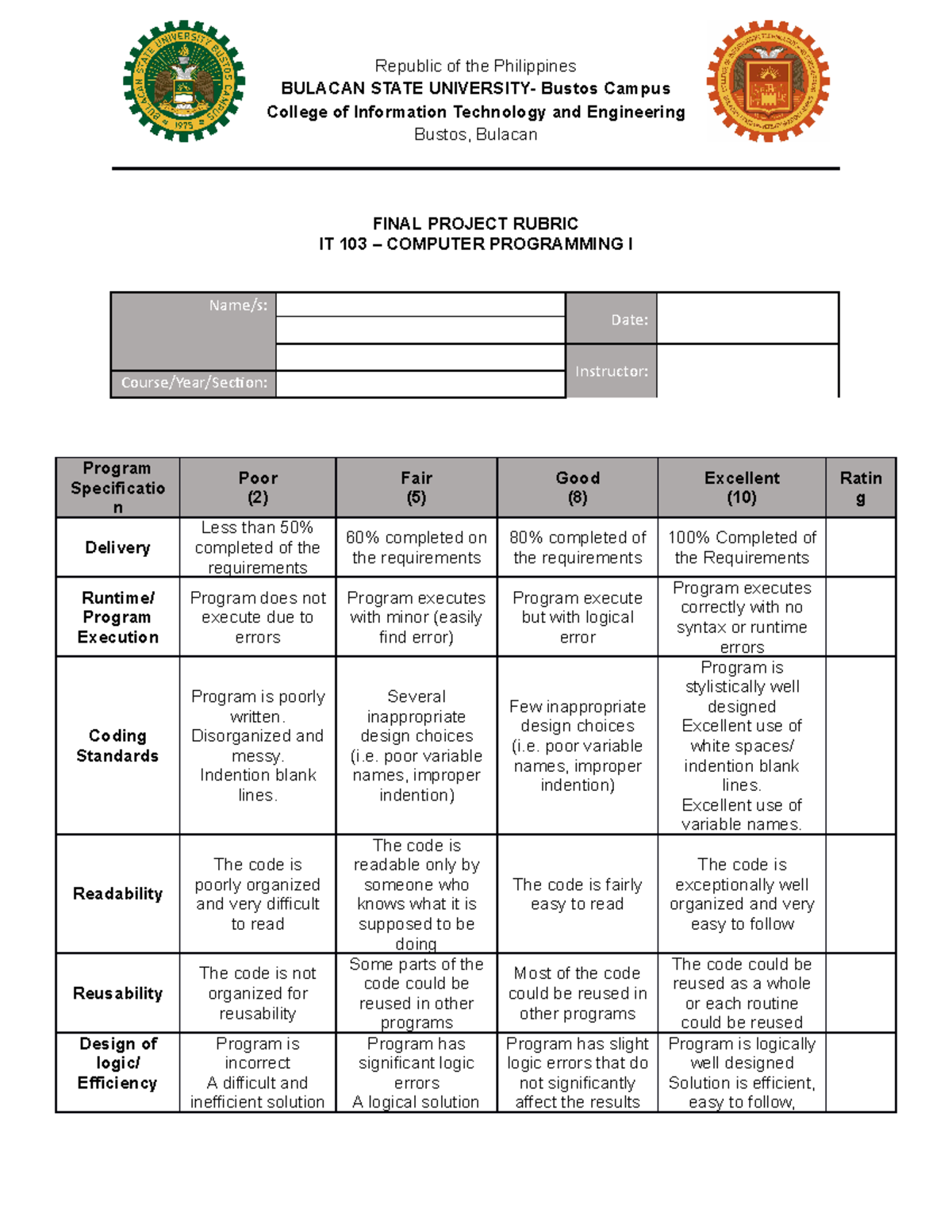 Final Project Rubric for C++ Programming - Republic of the Philippines ...