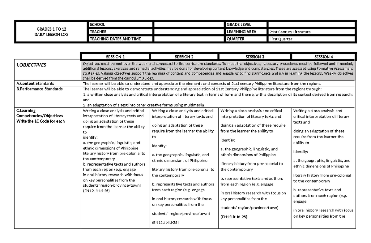 1st Quarter Week 1 - none - GRADES 1 TO 12 DAILY LESSON LOG SCHOOL ...